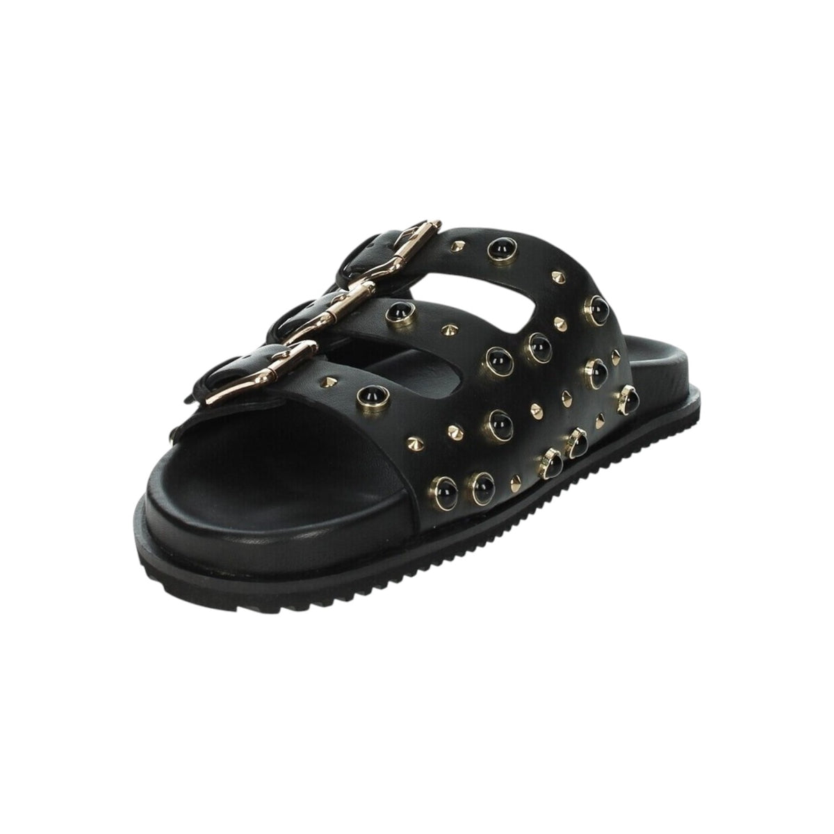 Keys Ciabatta Donna Nera in Pelle con Fibbie e Borchie