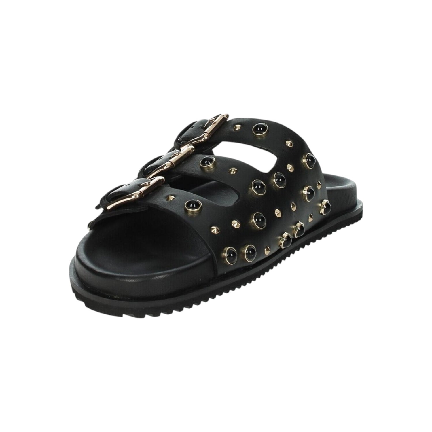 Keys Ciabatta Donna Nera in Pelle con Fibbie e Borchie