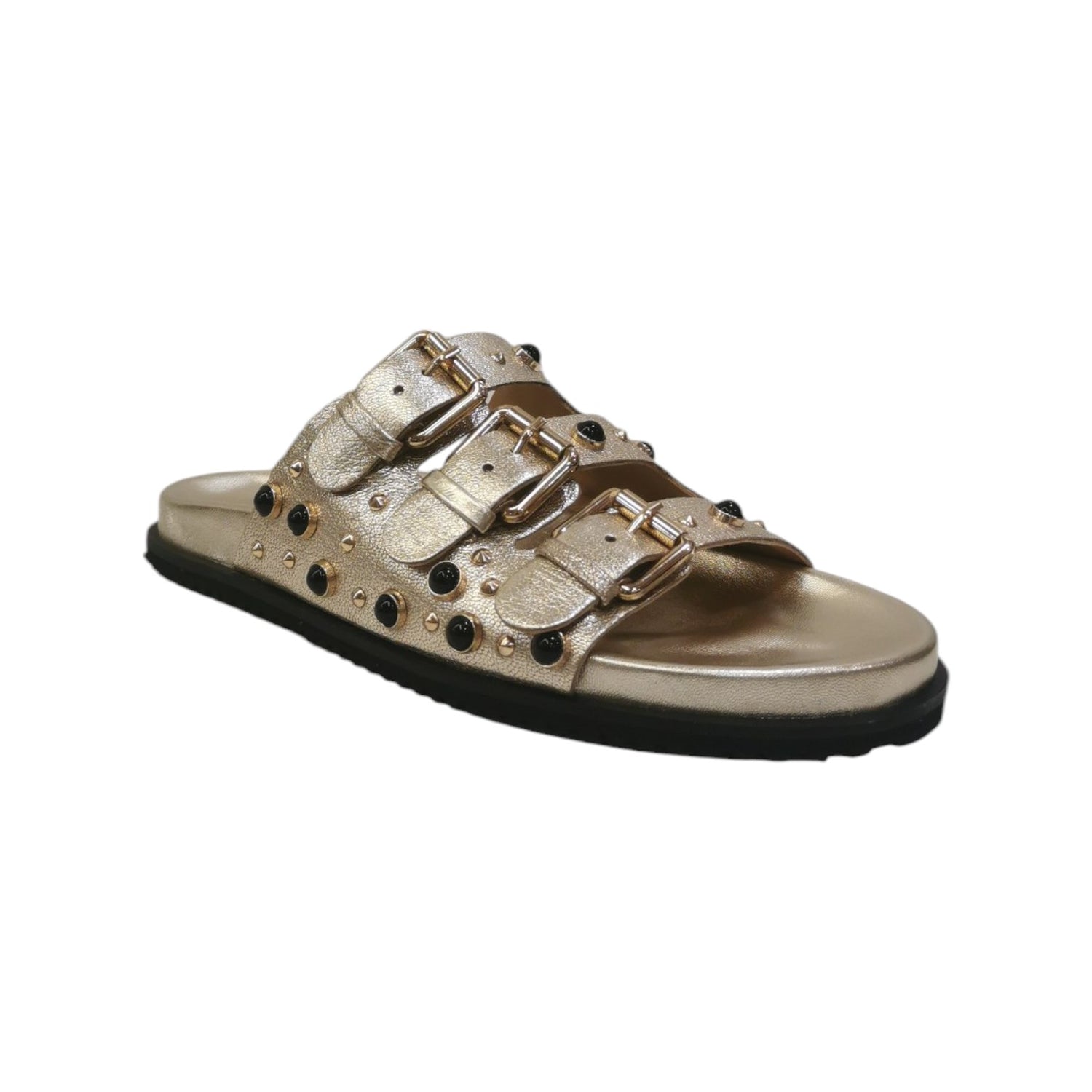 Keys Ciabatta Donna Platino in Pelle con Fibbie e Borchie