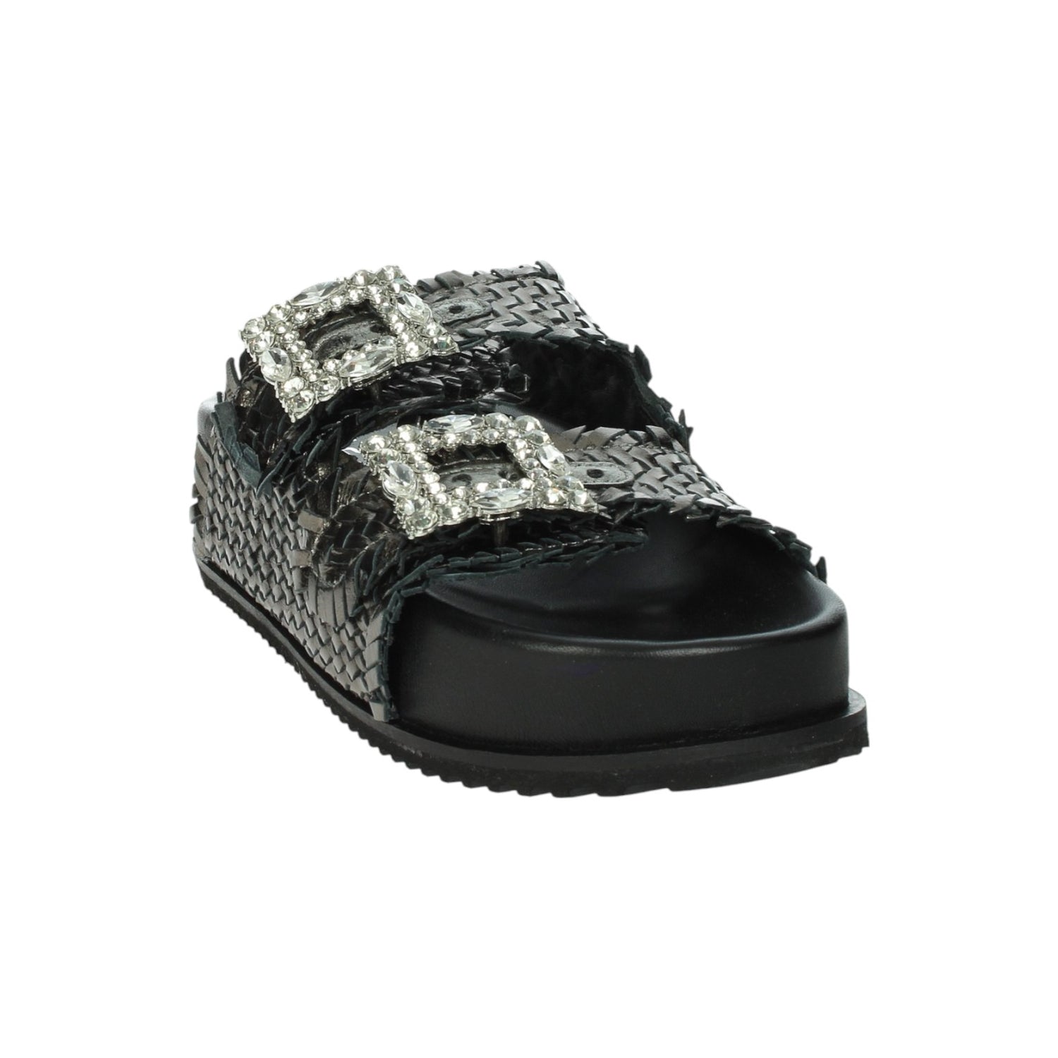 Keys Ciabatta Platform Donna in Pelle Intrecciata Piombo con Maxi Fibbie