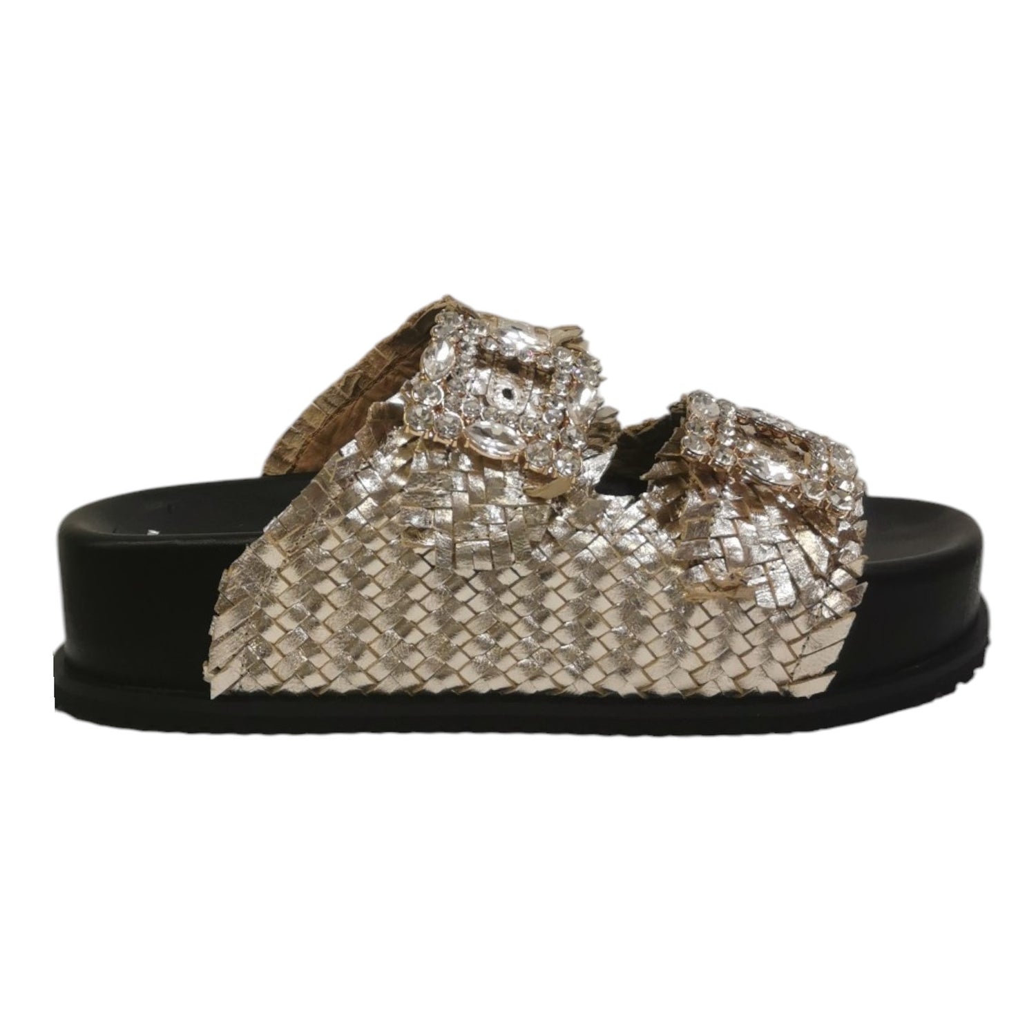 Keys Ciabatta Platform Donna in Pelle Intrecciata Platino con Maxi Fibbie