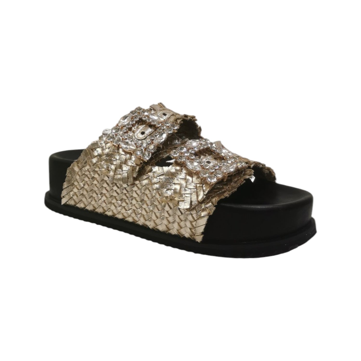 Keys Ciabatta Platform Donna in Pelle Intrecciata Platino con Maxi Fibbie