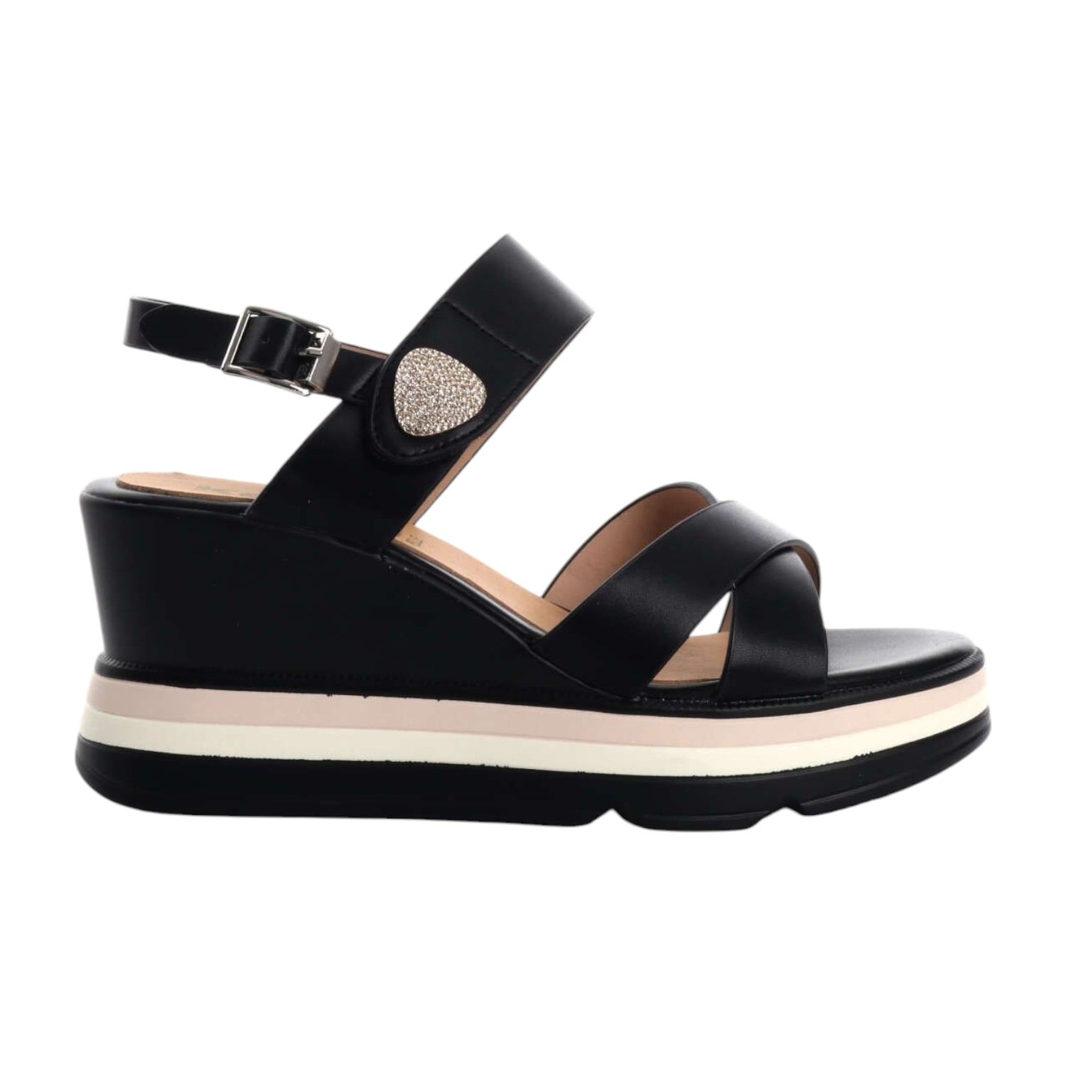 Keys Sandalo Donna in Ecopelle Nera con Strass e Strappo