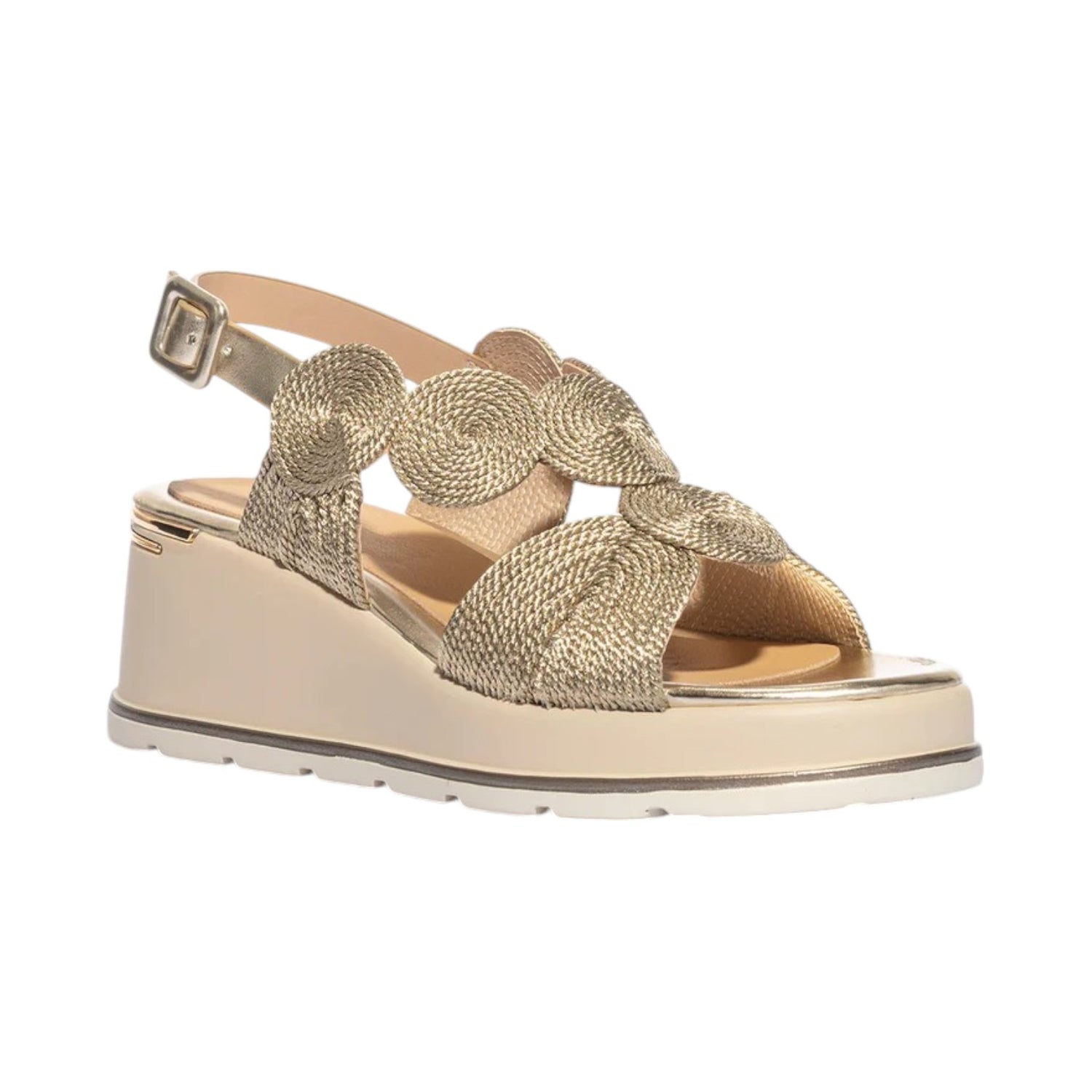 Keys Sandalo Donna in Tessuto Laminato Oro con Zeppa