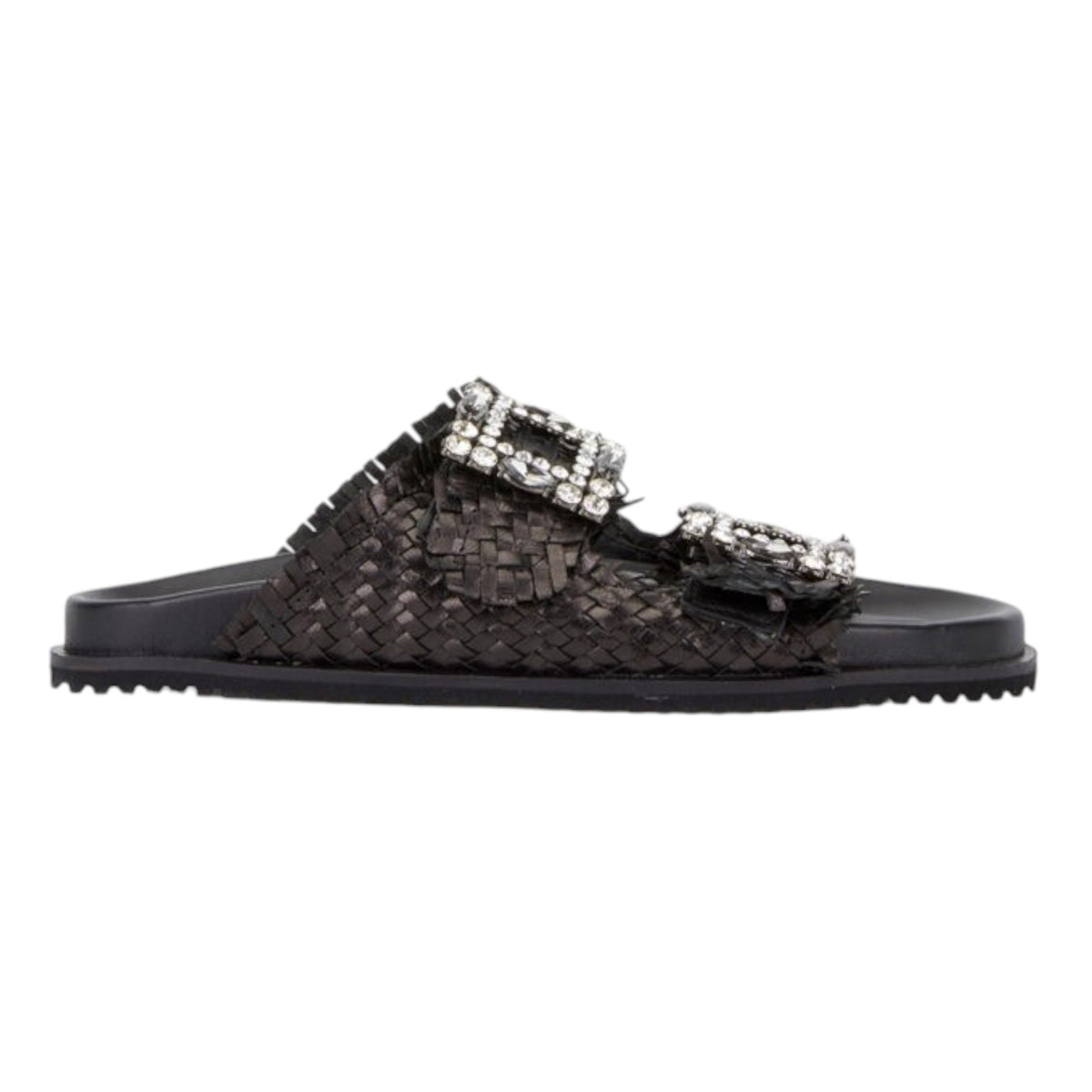 Keys Ciabatta Donna in Pelle Intrecciata Nera con Maxi Fibbie Gioiello