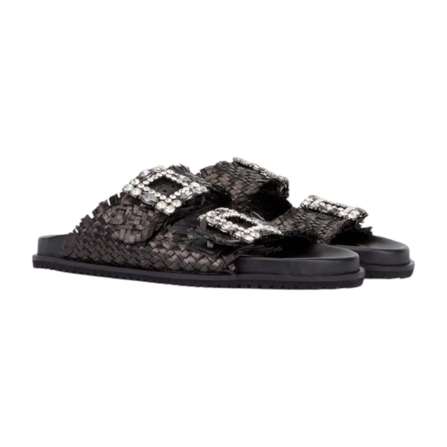 Keys Ciabatta Donna in Pelle Intrecciata Nera con Maxi Fibbie Gioiello