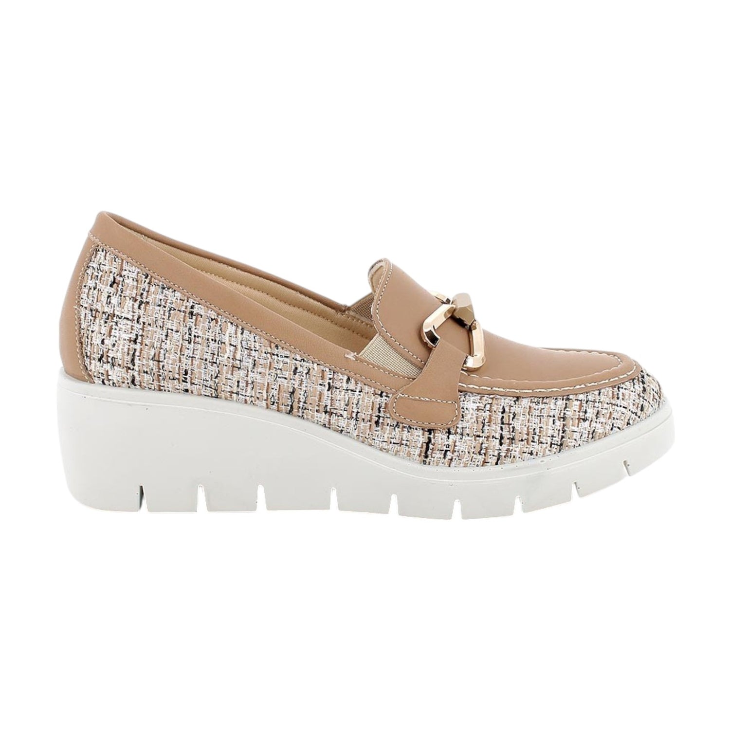 Enval Soft Mocassino Camel in Pelle e Tessuto con Zeppa da Donna