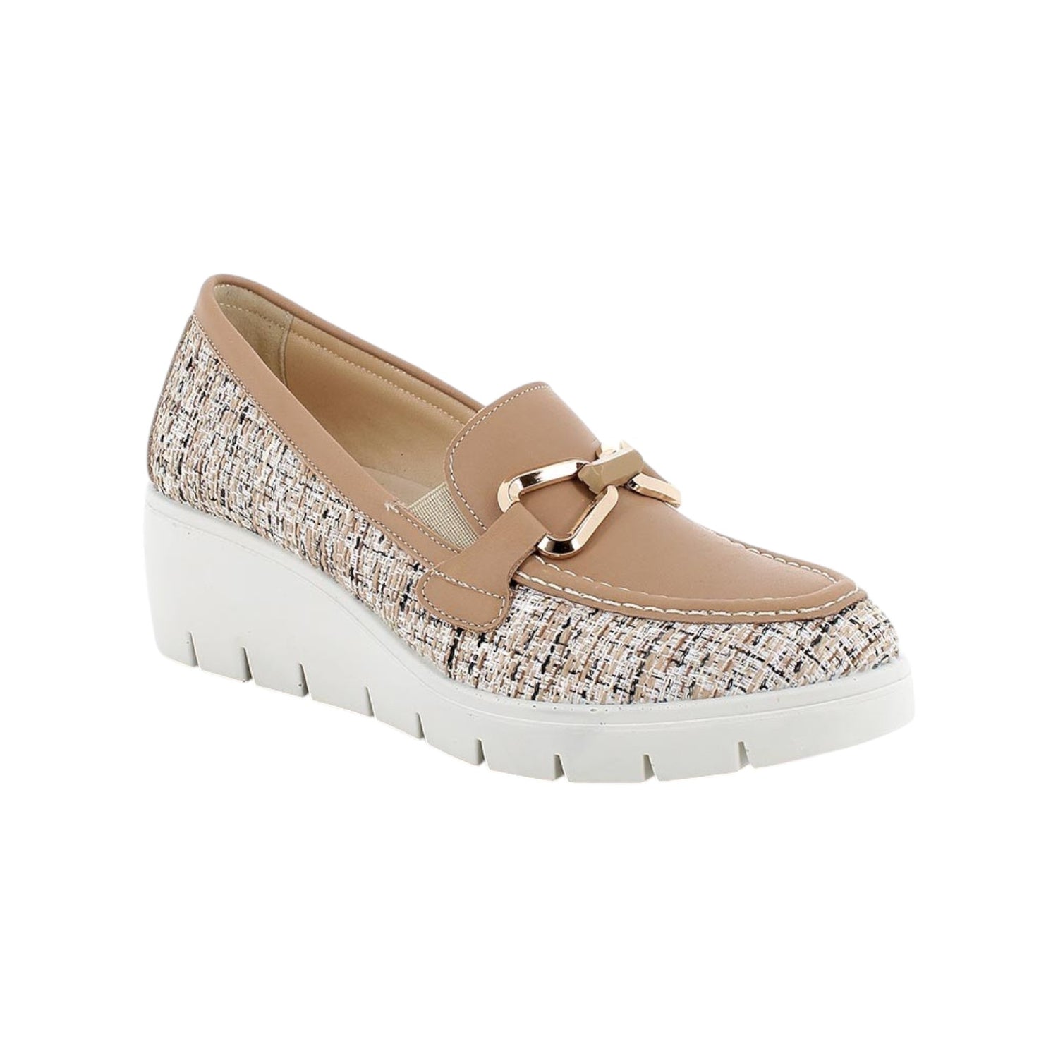 Enval Soft Mocassino Camel in Pelle e Tessuto con Zeppa da Donna