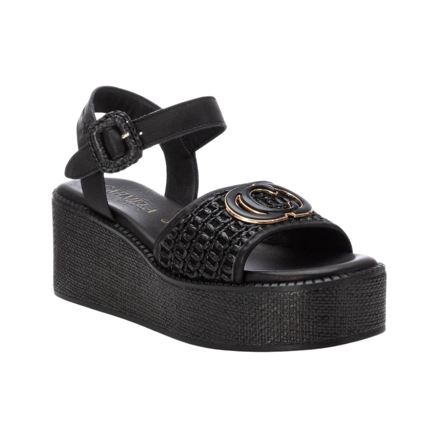 Carmela Sandalo Nero in Pelle con Zeppa da Donna