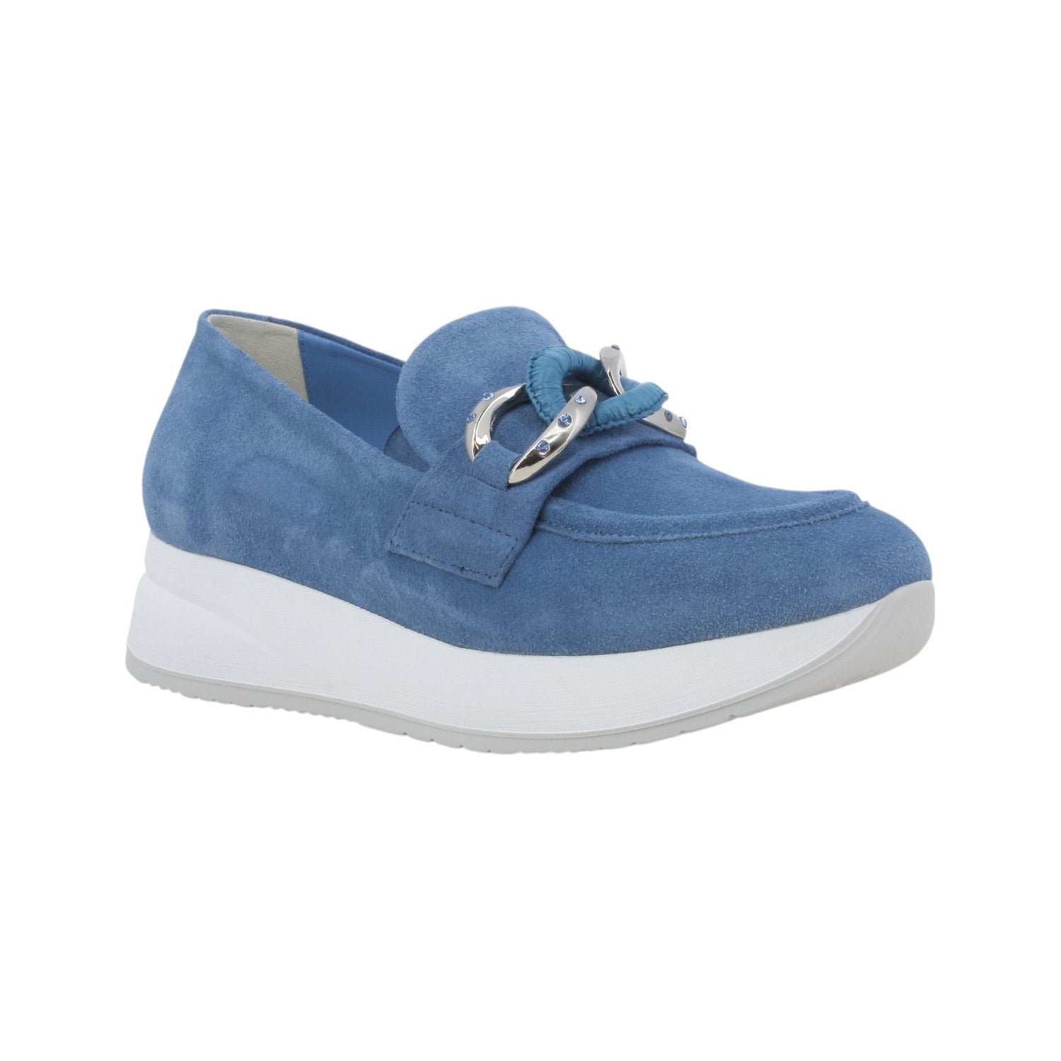 Melluso Mocassino Donna in Camoscio Avio con Catena e Zeppa Bianca