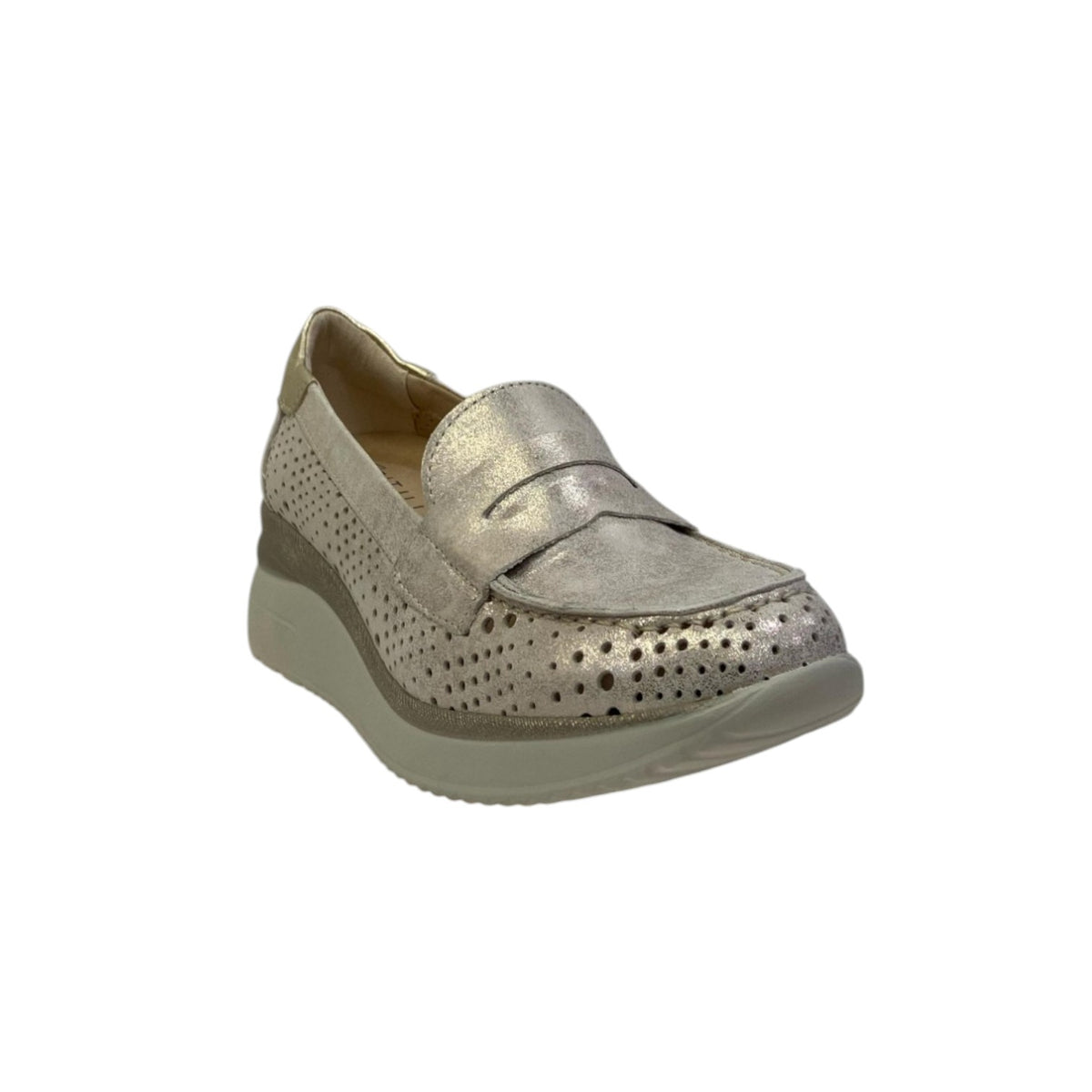 Pitillos Mocassino Donna in Pelle Laminata Oro Traforata con Zeppa