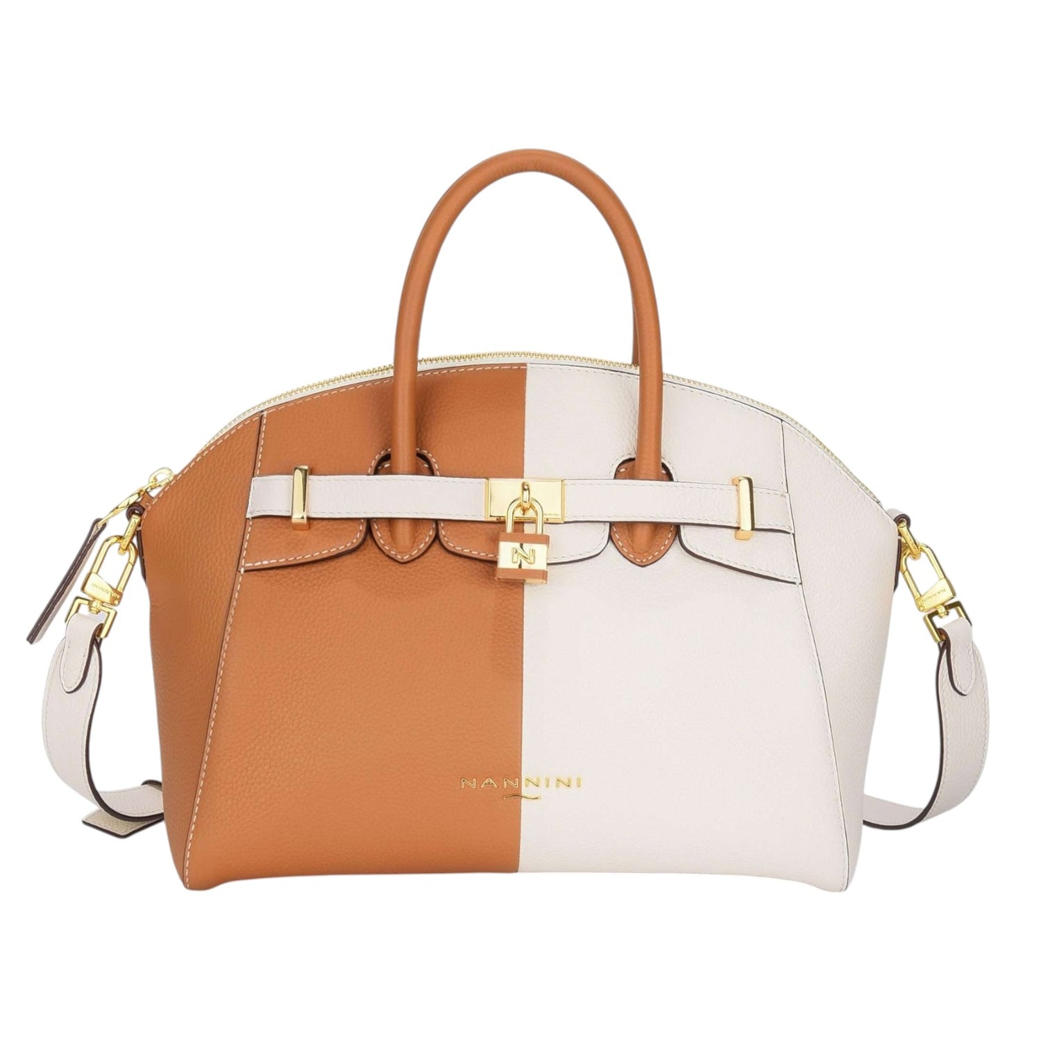 Nannini Firenze Borsa a Mano Grande Moana Donna in Pelle Cognac Bianco con Tracolla