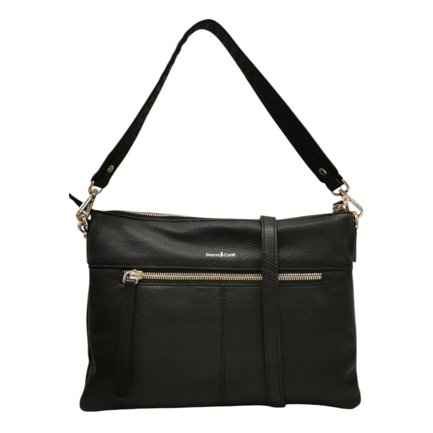 Gianni Conti Borsa a Spalla Donna in Pelle Nera a Due Soffietti con Tracolla e Zip Frontale