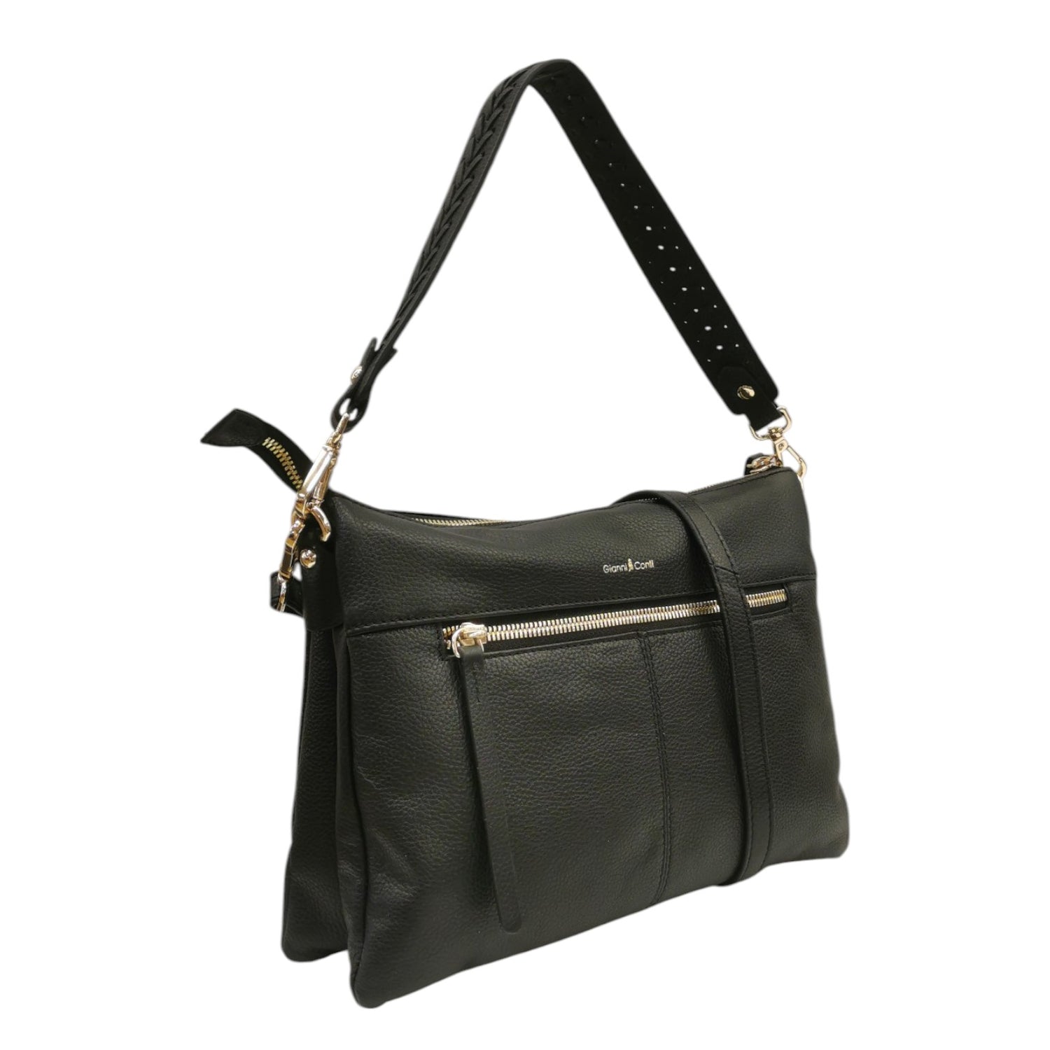 Gianni Conti Borsa a Spalla Donna in Pelle Nera a Due Soffietti con Tracolla e Zip Frontale