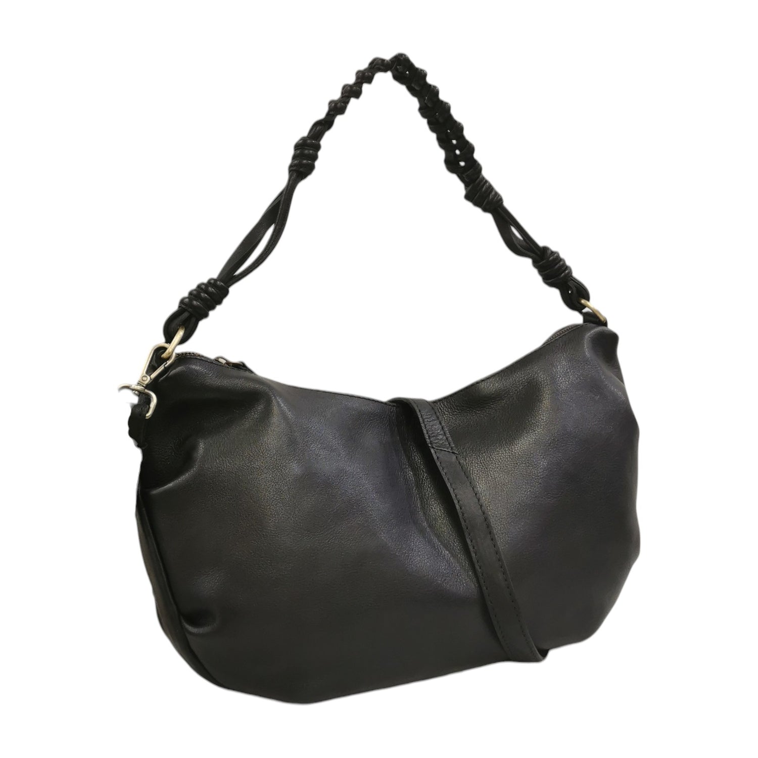 Gianni Conti Mezzaluna Donna in Pelle Nera con Tracolla e Manico Intrecciato e Tasca Posteriore