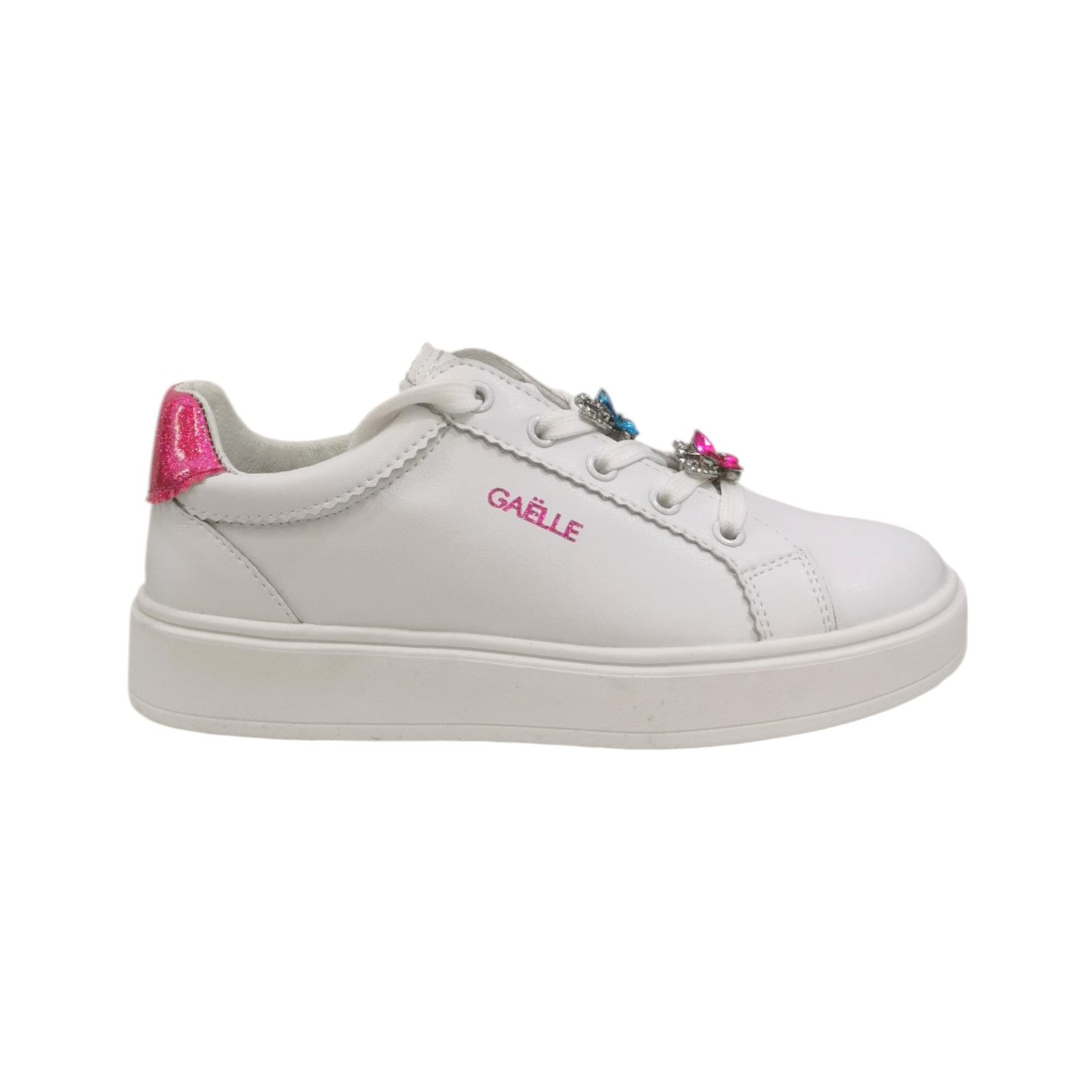 Gaelle Sneakers Bambina in Morbida Pelle Bianco Fucsia con Accessori Gioiello