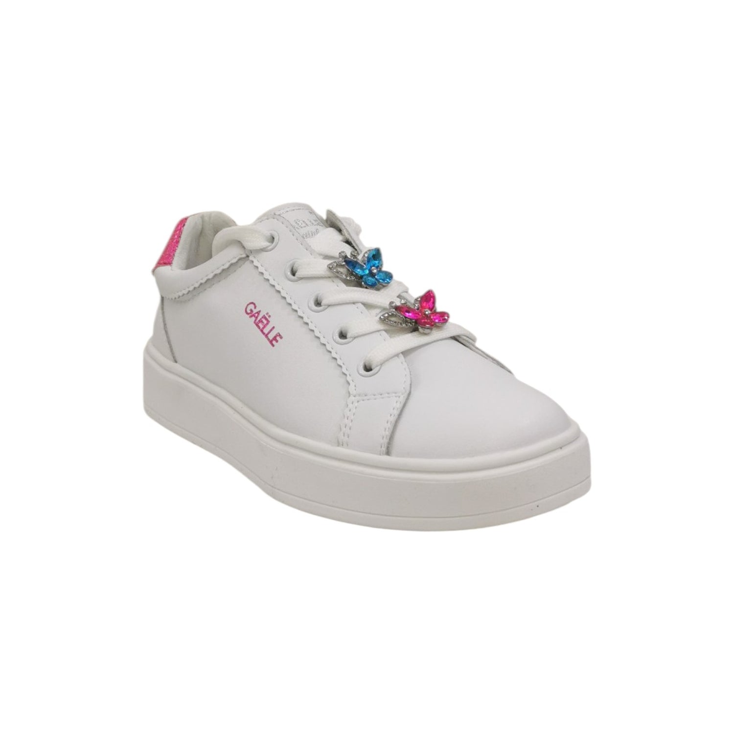 Gaelle Sneakers Bambina in Pelle Bianco Fucsia con Accessori Gioiello