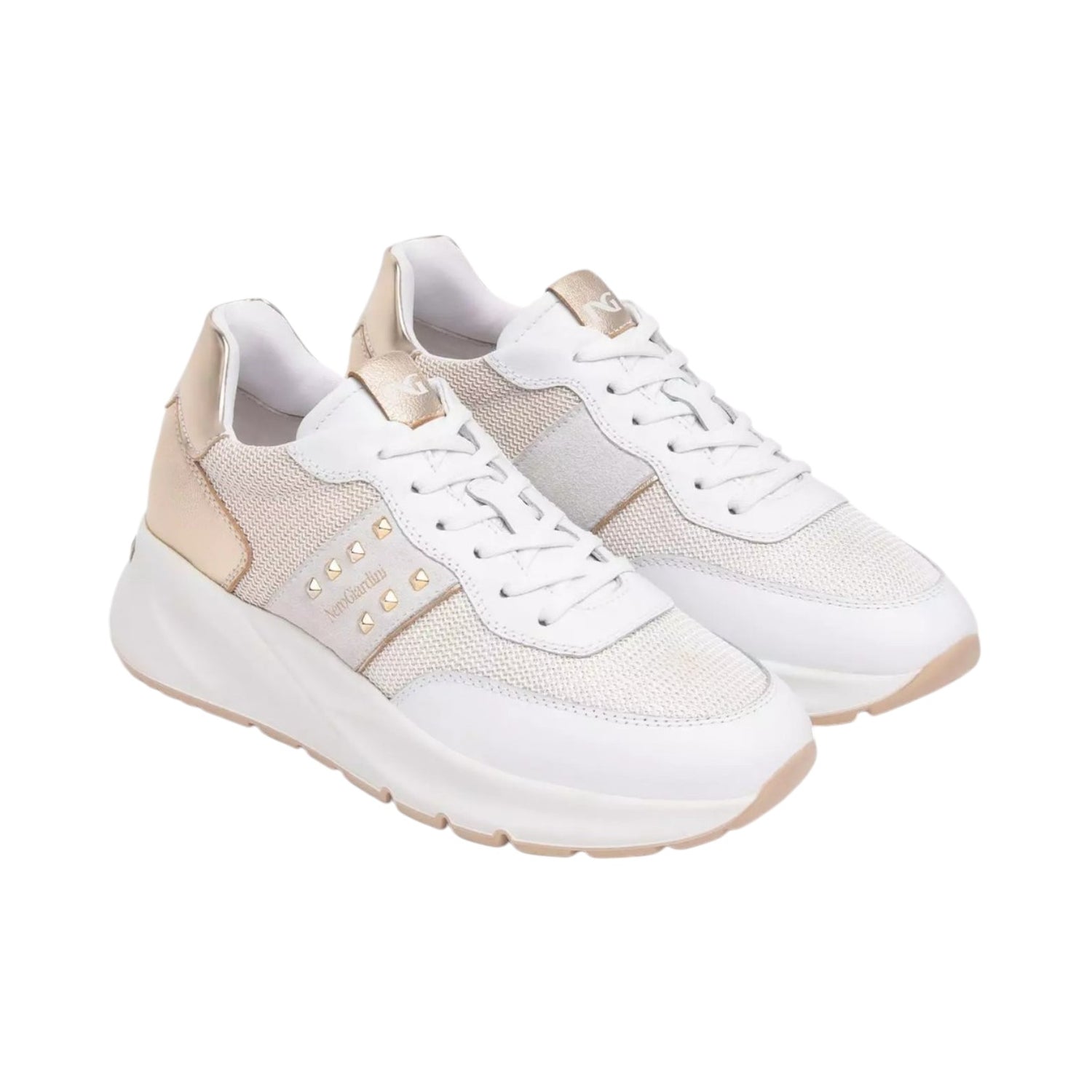 Nero Giardini Sneakers Bianca Oro con Borchiette da Donna