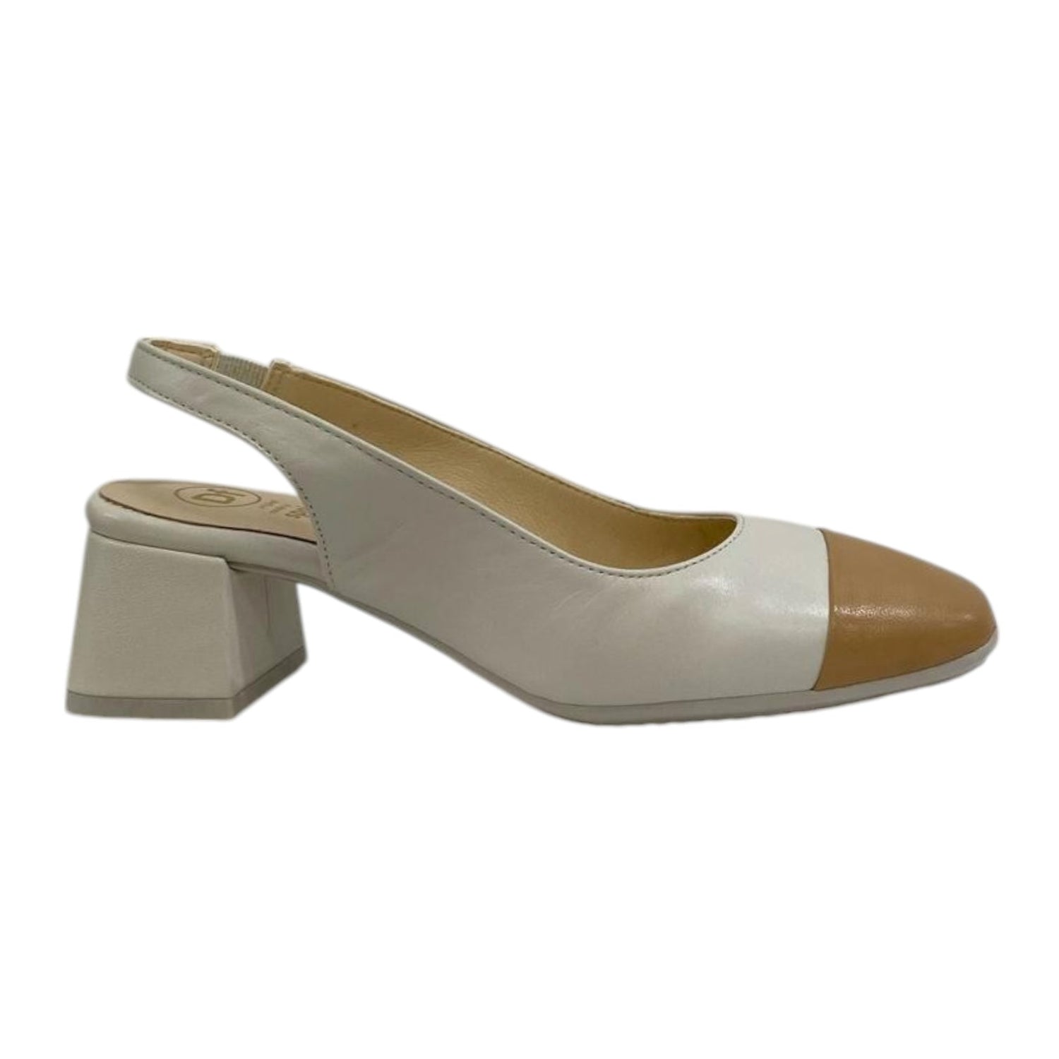 Descanflex Chanelle Donna in Pelle Avorio con Punta in Color Cuoio con Tacco Largo di 6cm