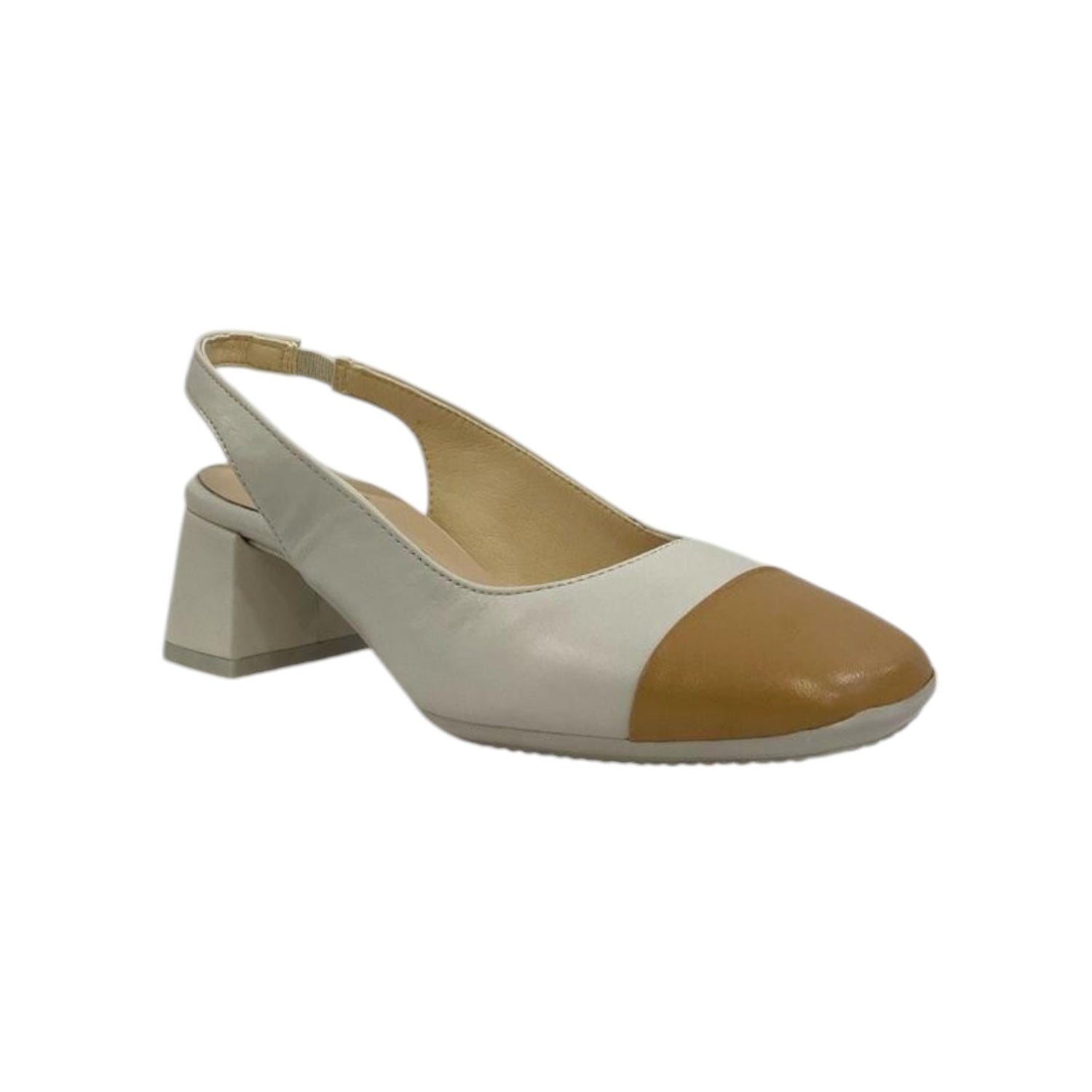 Descanflex Chanelle Donna in Pelle Avorio con Punta in Color Cuoio con Tacco Largo di 6cm