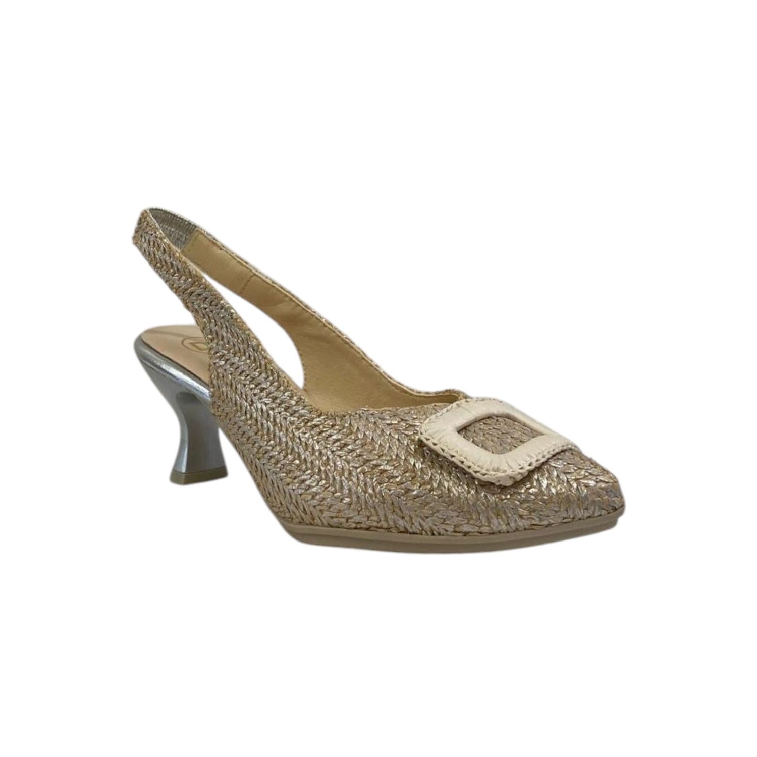 Descanflex Chanelle Donna in Raffia Avorio Argento con Cinturino Elasticizzato e Tacco Basso di 6,5cm