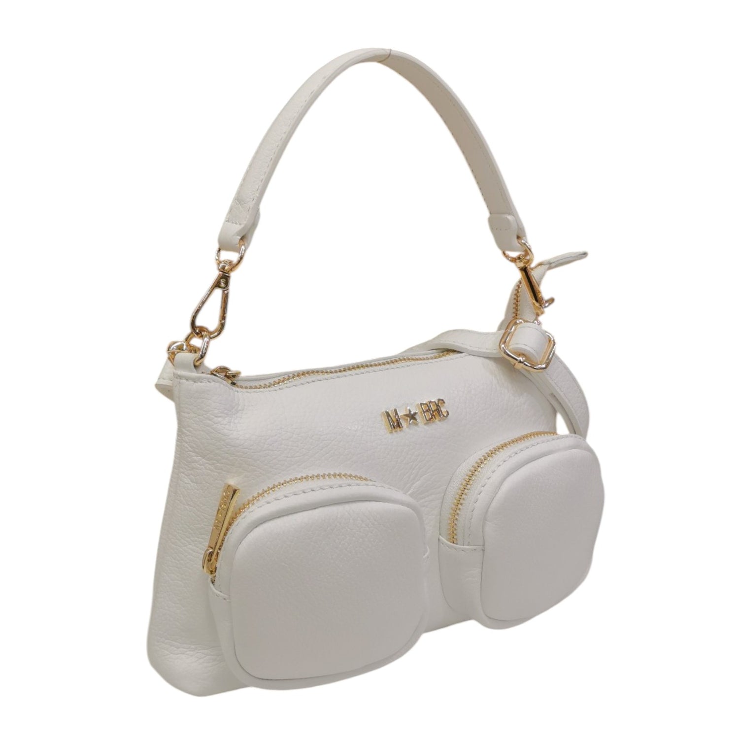M Brc Borsa a Spalla Donna in Pelle Bianca Linea Voyager con Tasconi Frontali e Tracolla