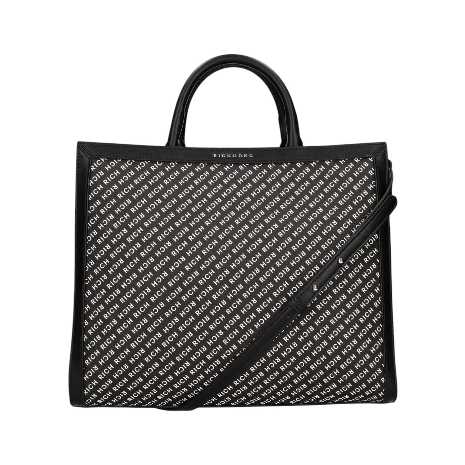 John Richmond Borsa a Mano Nera Bianca Logata con Tracolla da Donna