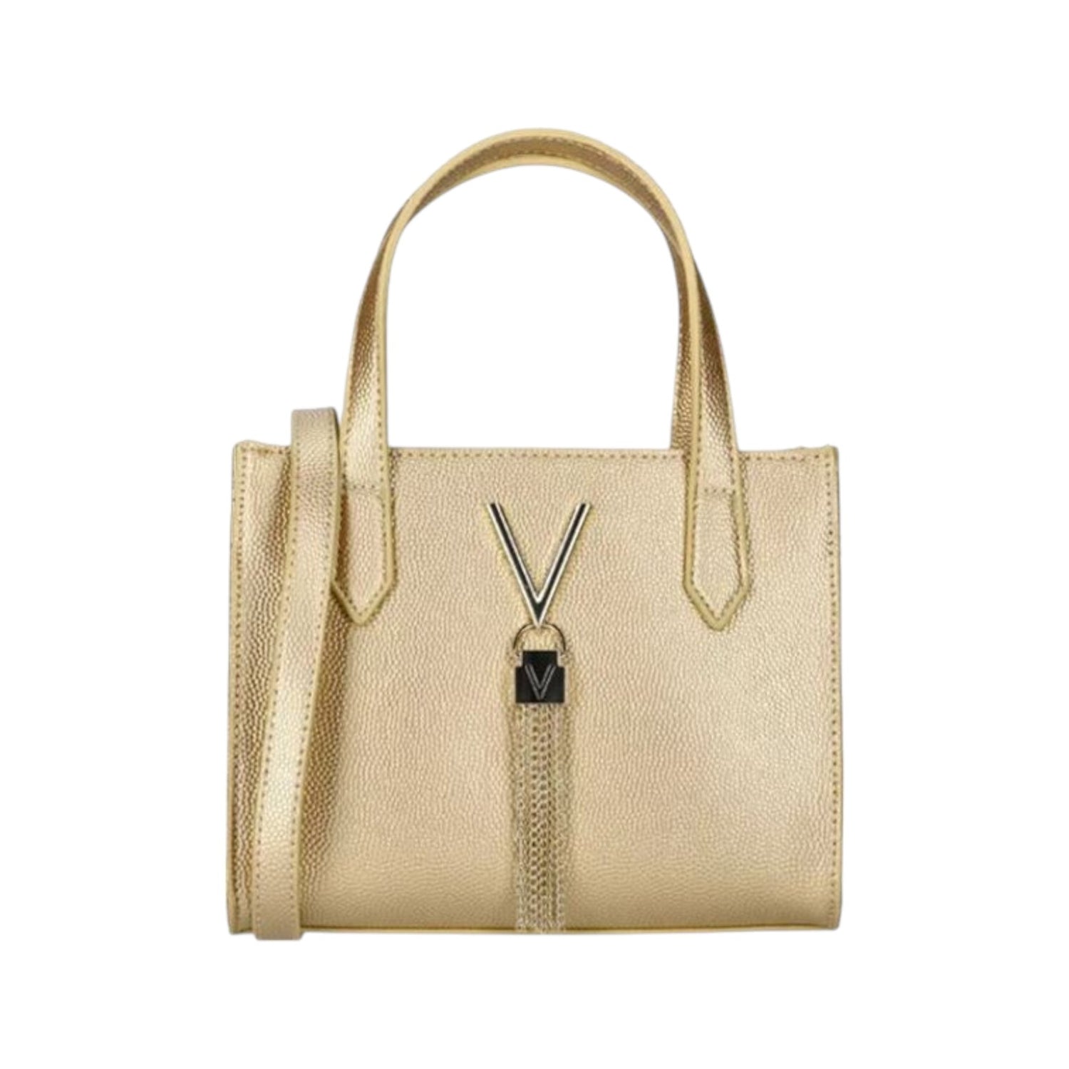 Mario Valentino Borsa a Mano Piccola Semi Rigida Donna in Pelle Sintetica Effetto Martellato Laminato Oro con Tracolla