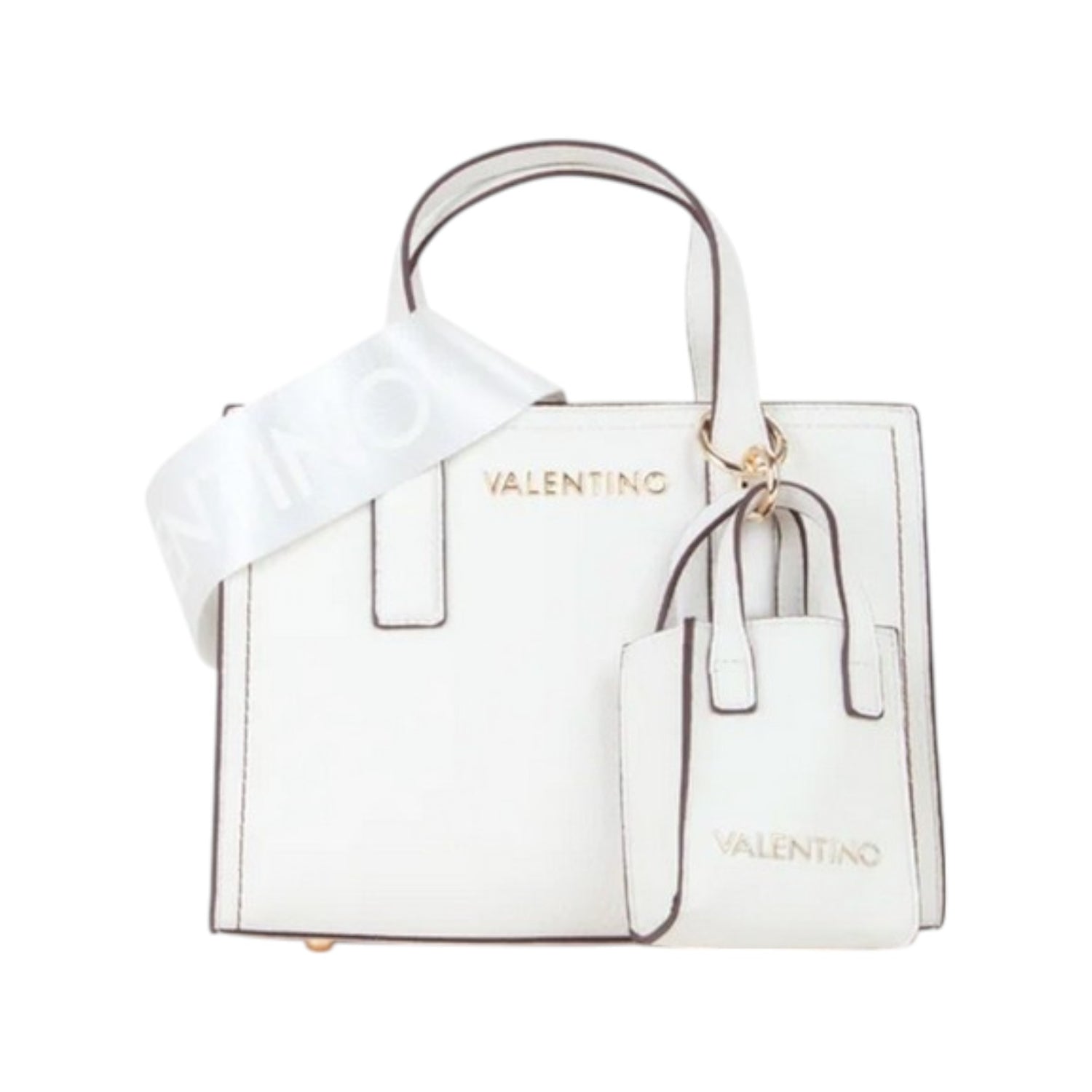 Mario Valentino Borsa a Mano Piccola Donna in Pelle Sintetica Bianca con Cuciture a Contrasto e Doppia Tracolla e Portachiavi Accesssorio Frontale