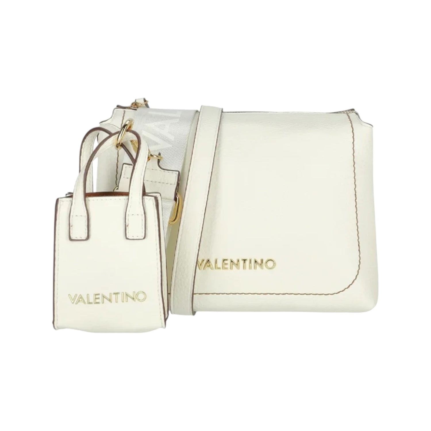 Mario Valentino Borsa a Tracolla Donna con 3 Scomparti in Colore Bianco con Cuciture a Contrasto e Portachiavi Accesssorio Frontale
