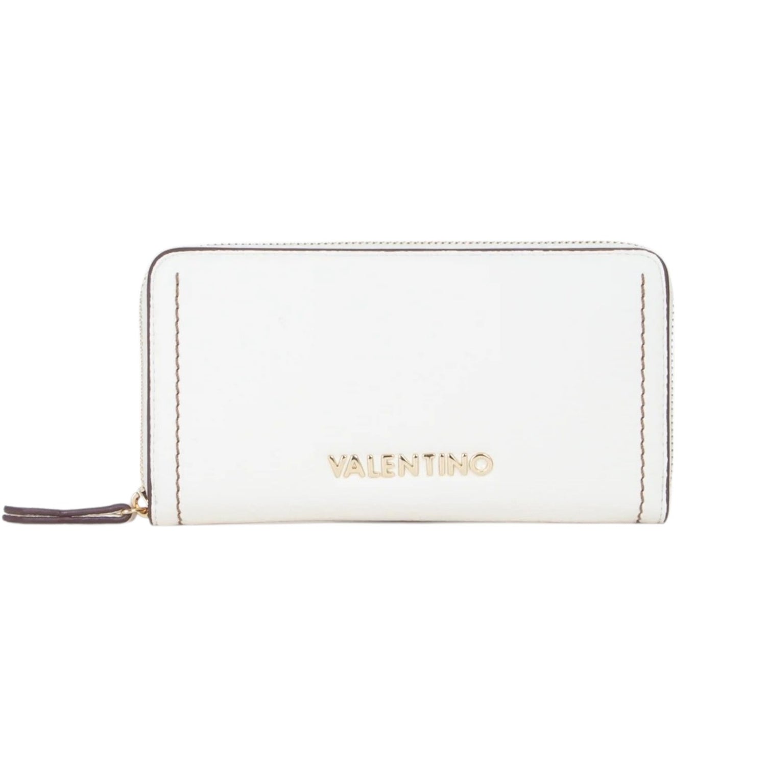 Mario Valentino Portafoglio Donna Grande Zip Around in Pelle Sintetica Bianco con Cuciture a Contrasto