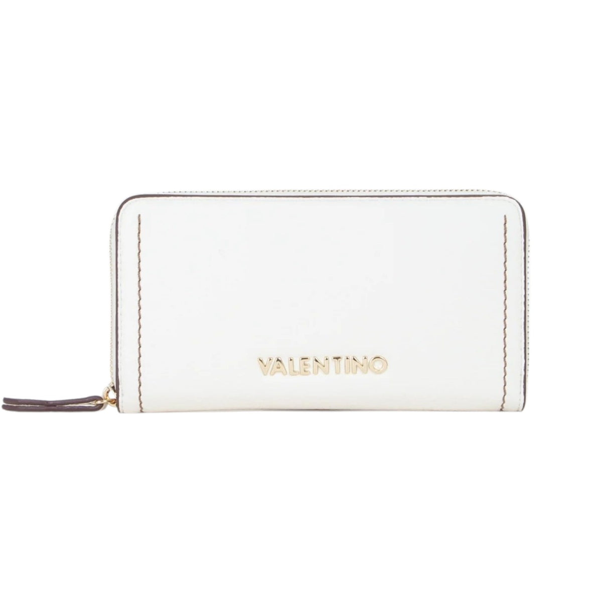 Mario Valentino Portafoglio Donna Grande Zip Around in Pelle Sintetica Bianco con Cuciture a Contrasto
