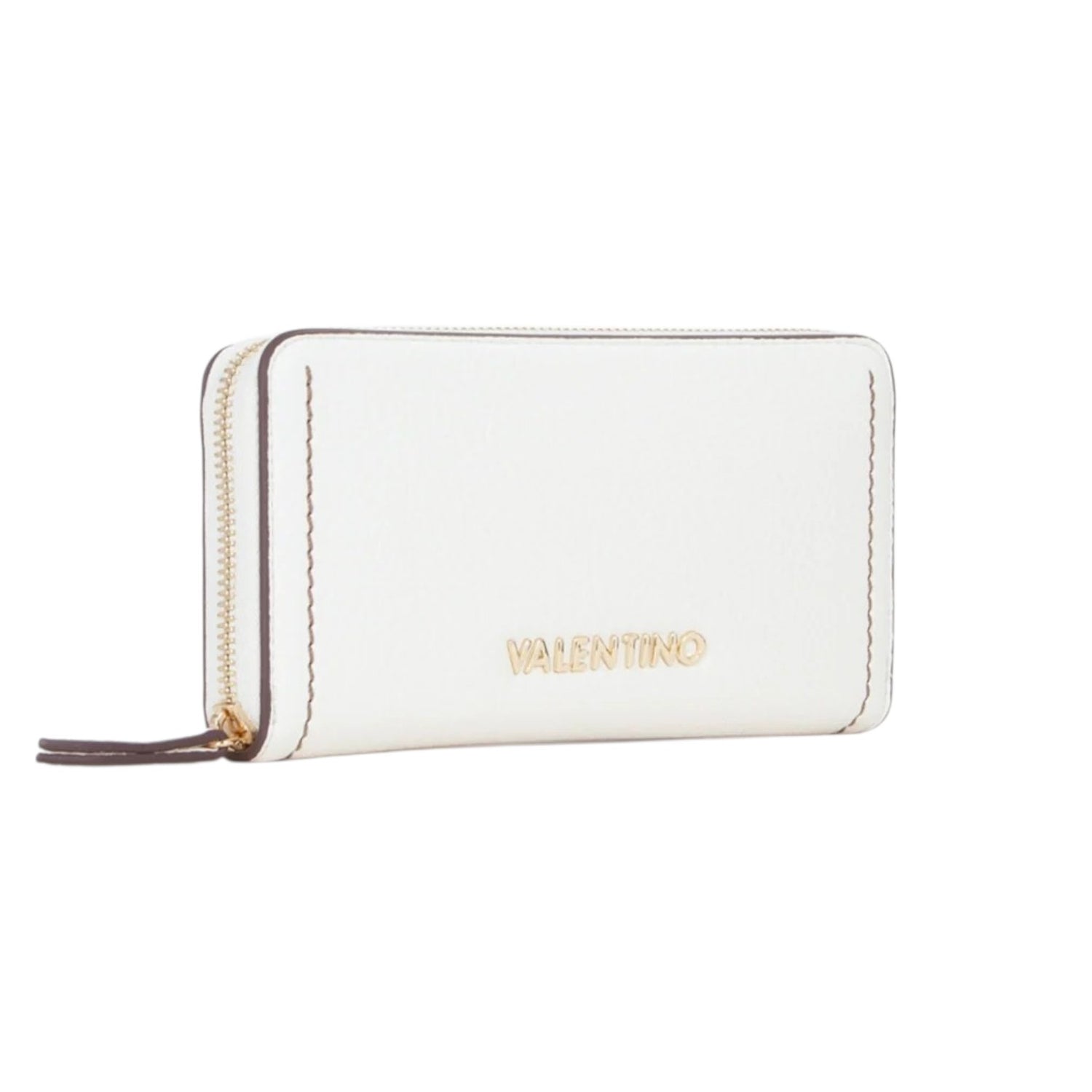 Mario Valentino Portafoglio Donna Grande Zip Around in Pelle Sintetica Bianco con Cuciture a Contrasto