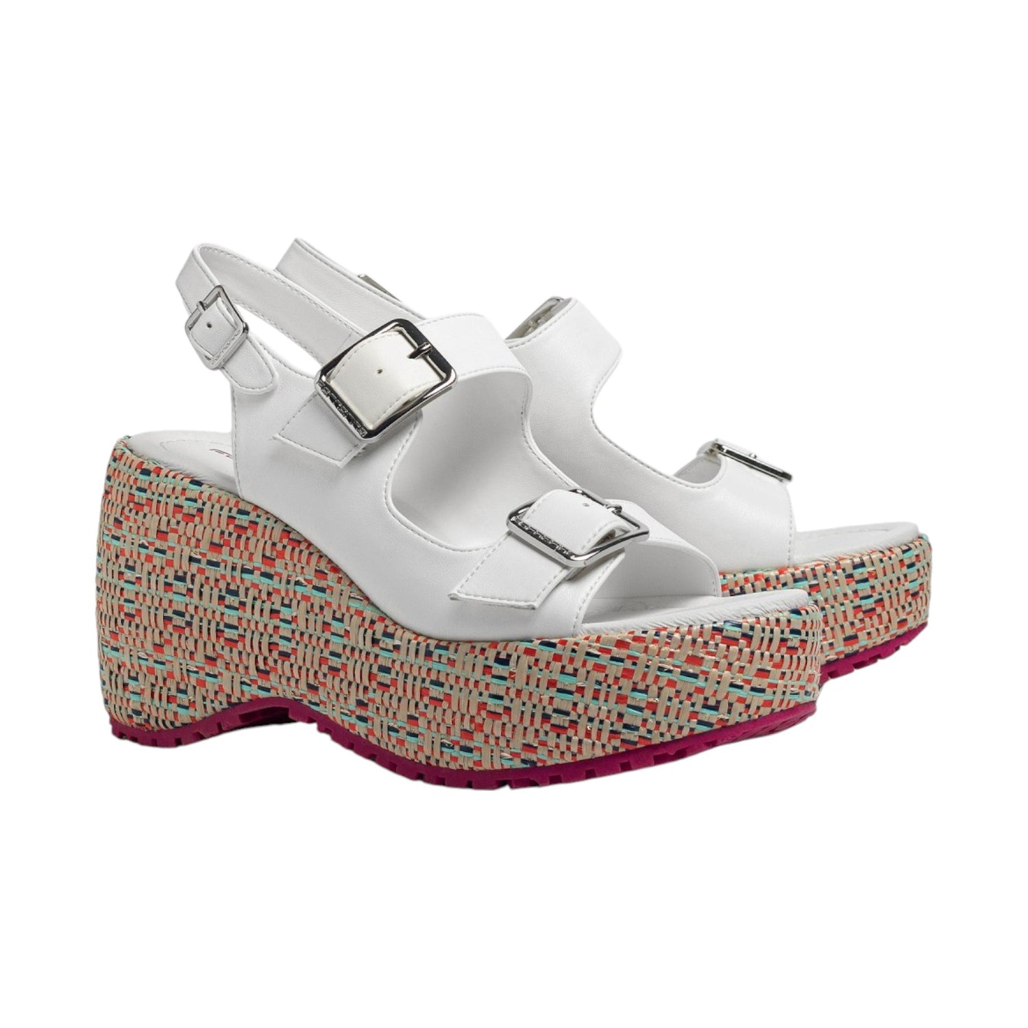 Fornarina Mila Sandalo Bianco con Zeppa in Raffia Colorata da Donna