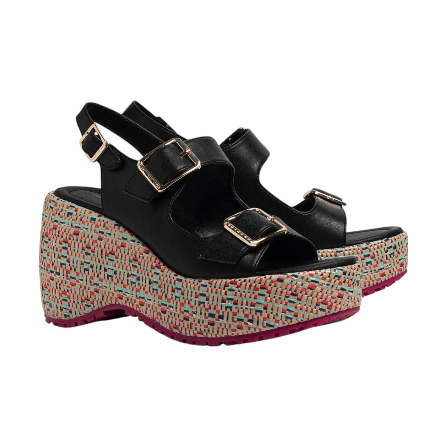 Fornarina Mila Sandalo Nero con Zeppa in Raffia Colorata da Donna