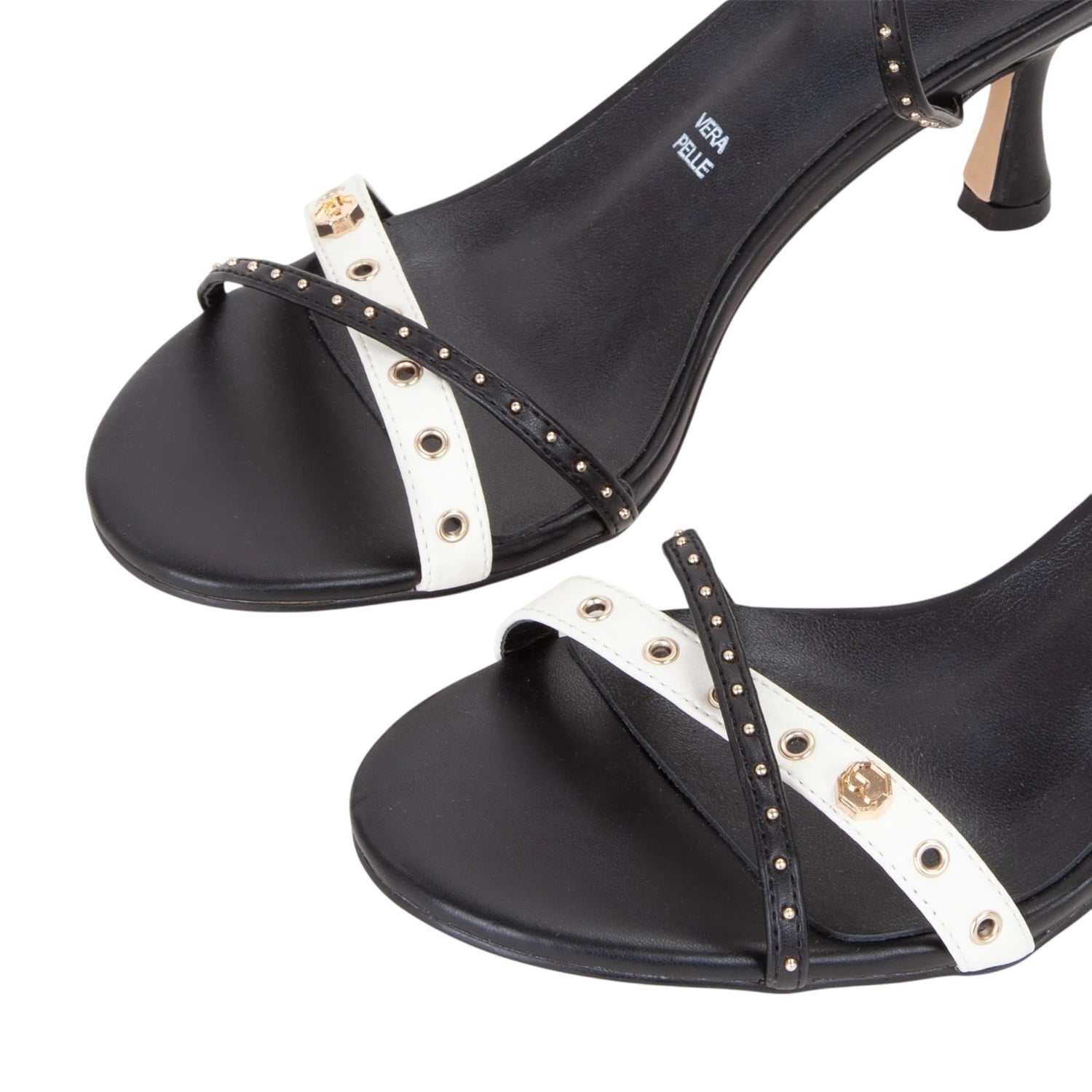 By Byblos Sandalo Donna in Ecopelle Nero Bianco con Borchiette e Tacco Sottile 80m