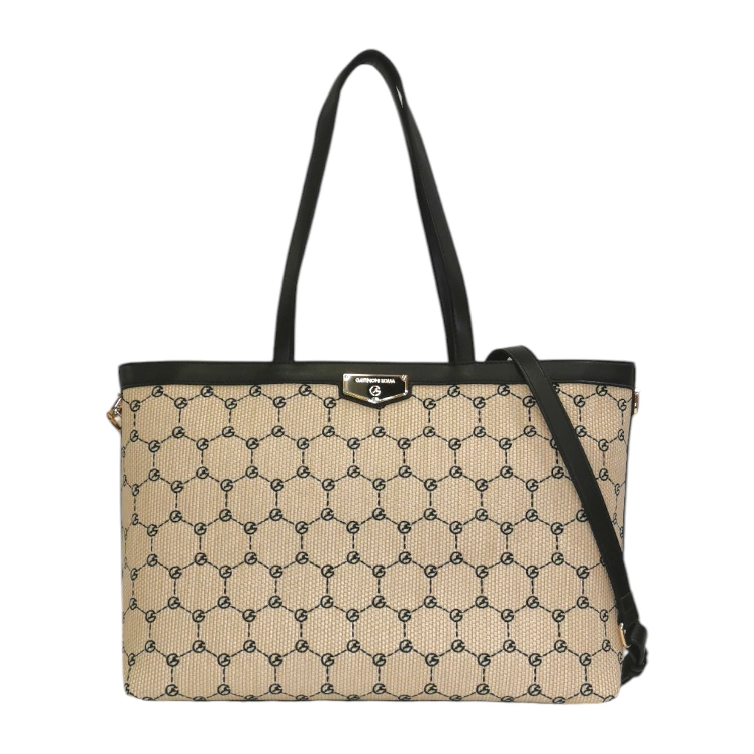 Gattinoni Roma Shopping Bag Donna in Raffia Naturale e Nera con Stampa Logo