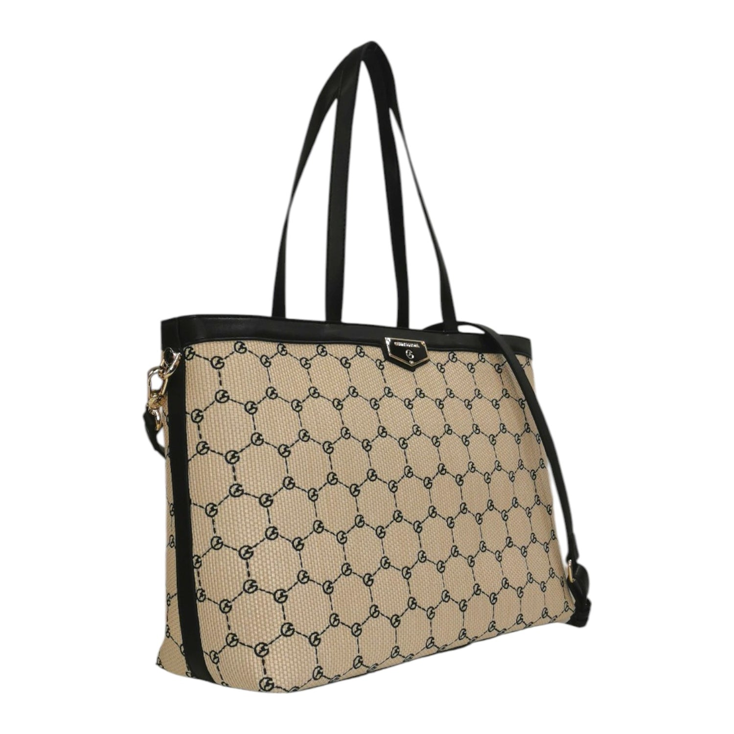 Gattinoni Roma Shopping Bag Donna in Raffia Naturale e Nera con Stampa Logo