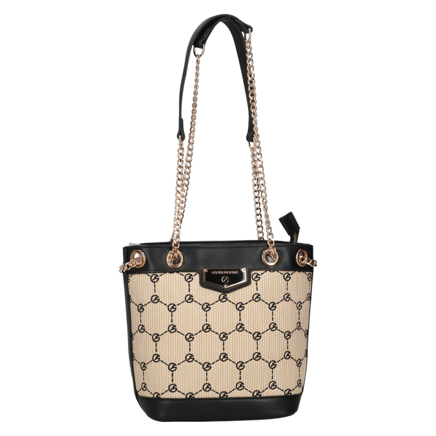 Gattinoni Secchiello Donna in Raffia Naturale e Nera con Stampa Logo e Tracolla Catena