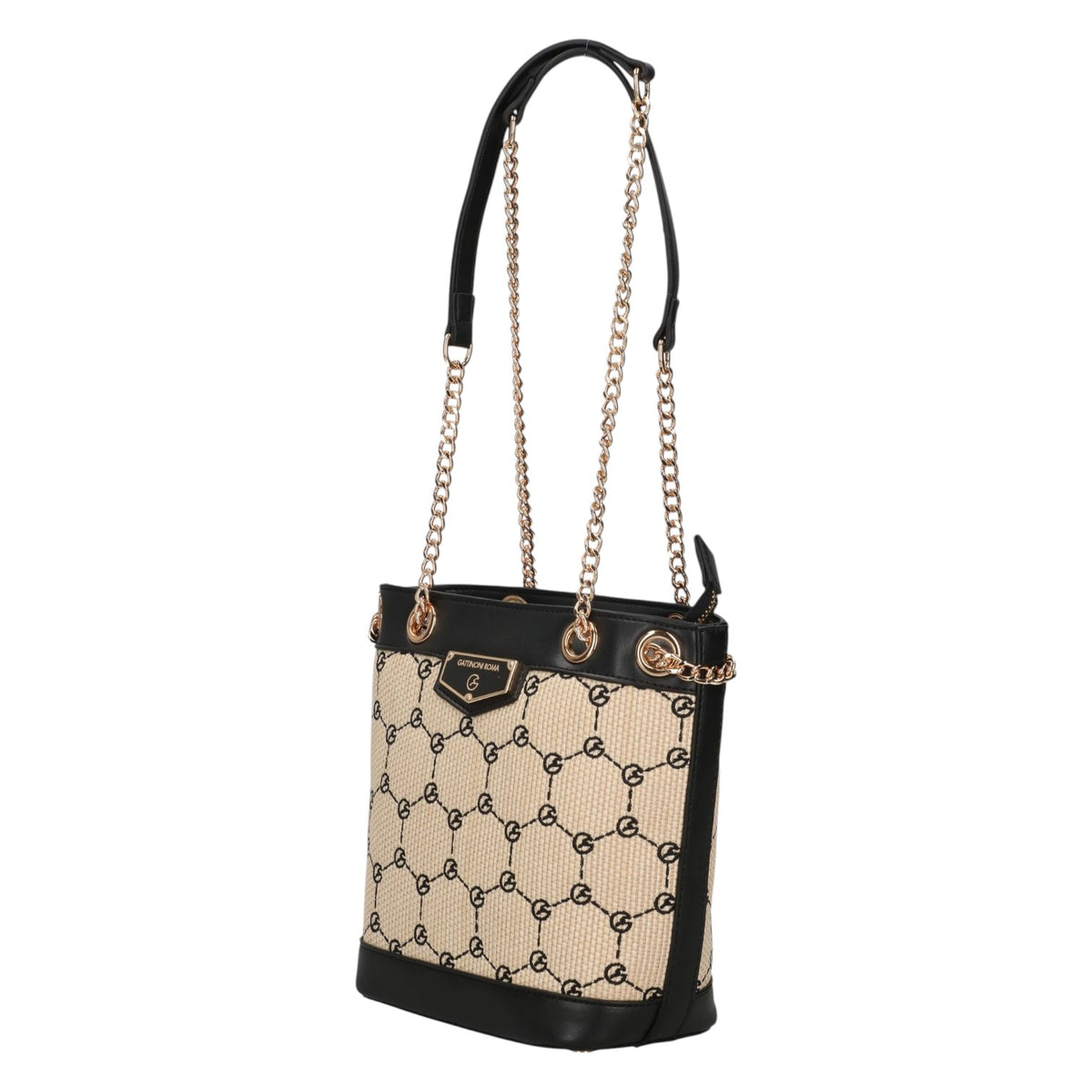 Gattinoni Secchiello Donna in Raffia Naturale e Nera con Stampa Logo e Tracolla Catena