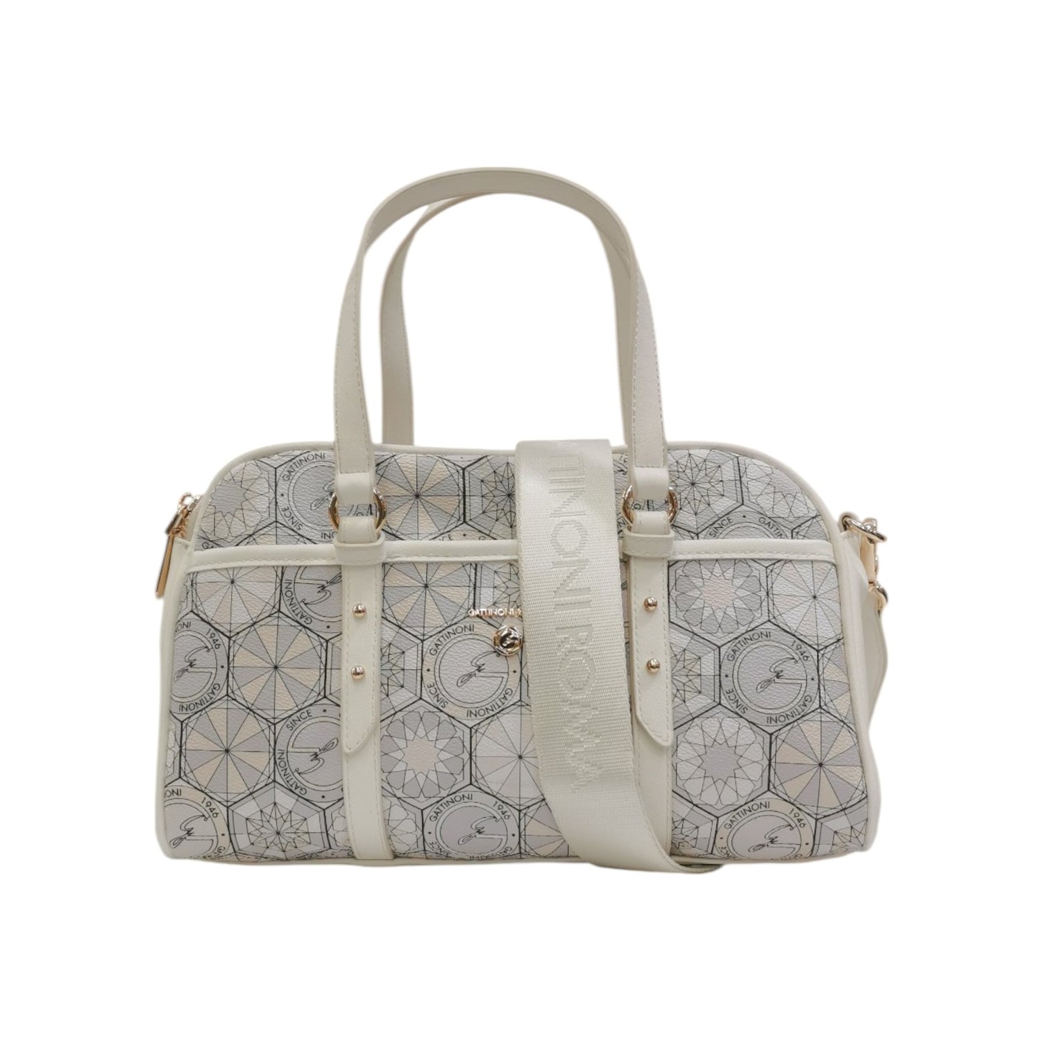 Gattinoni Roma Bauletto Donna con Doppia Zip e Chiusura con Bottone in Stampa Teodosia Bianca e Tracolla in Tessuto Logata