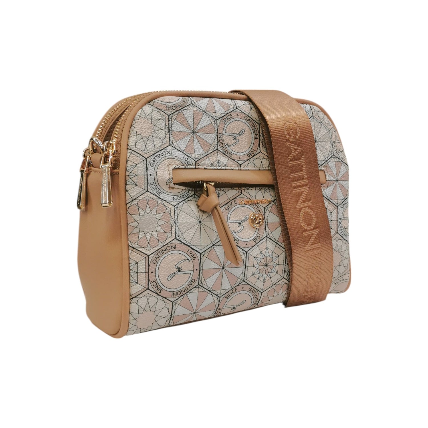 Gattinoni Roma Borsa a Tracolla Linea Teodosia in Colore Nudo con Doppia Zip e Chiusura con Bottone