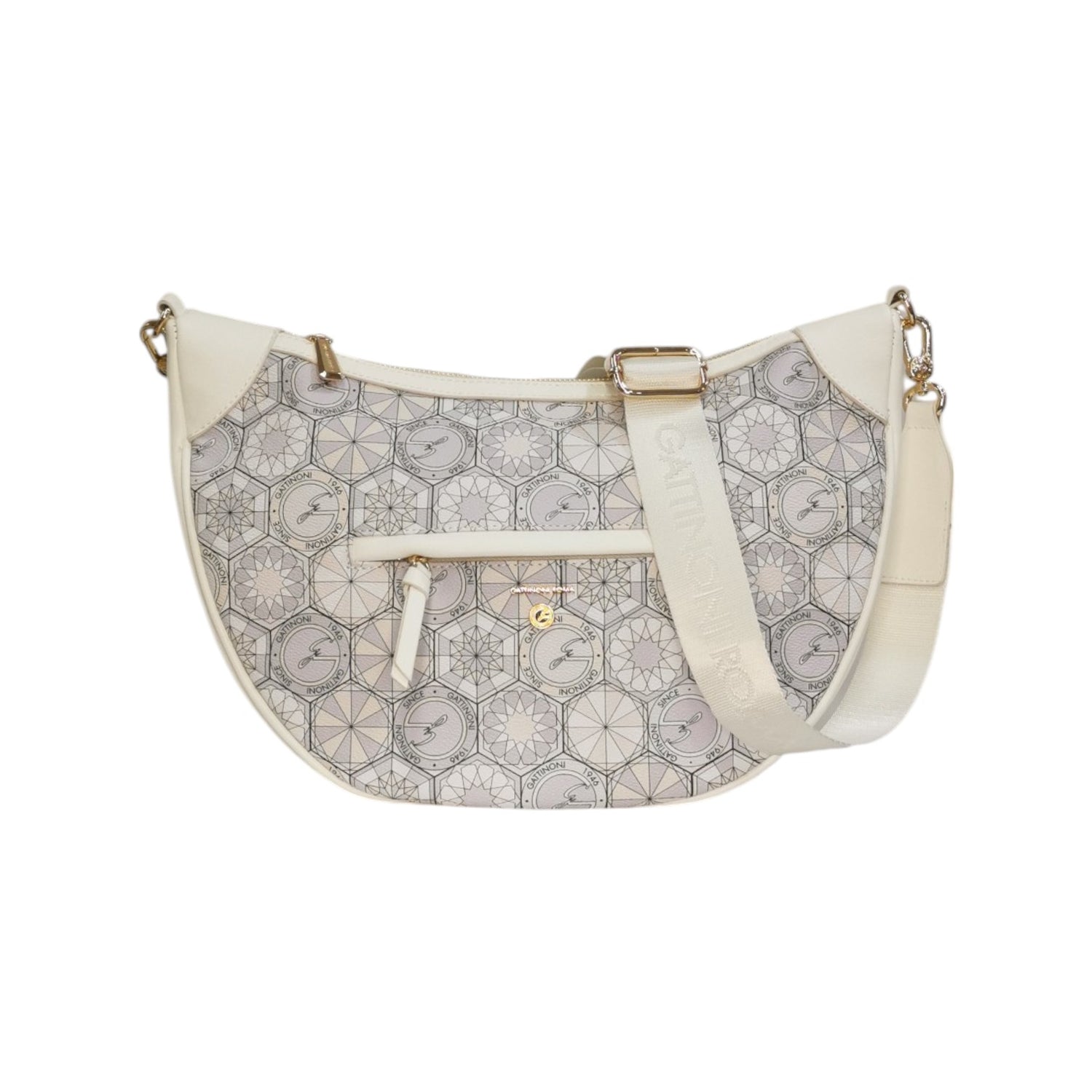 Gattinoni Roma Mezzaluna Donna in Stampa Teodosia Bianco e Tracolla in Tessuto Logato con Chiusura con Zip