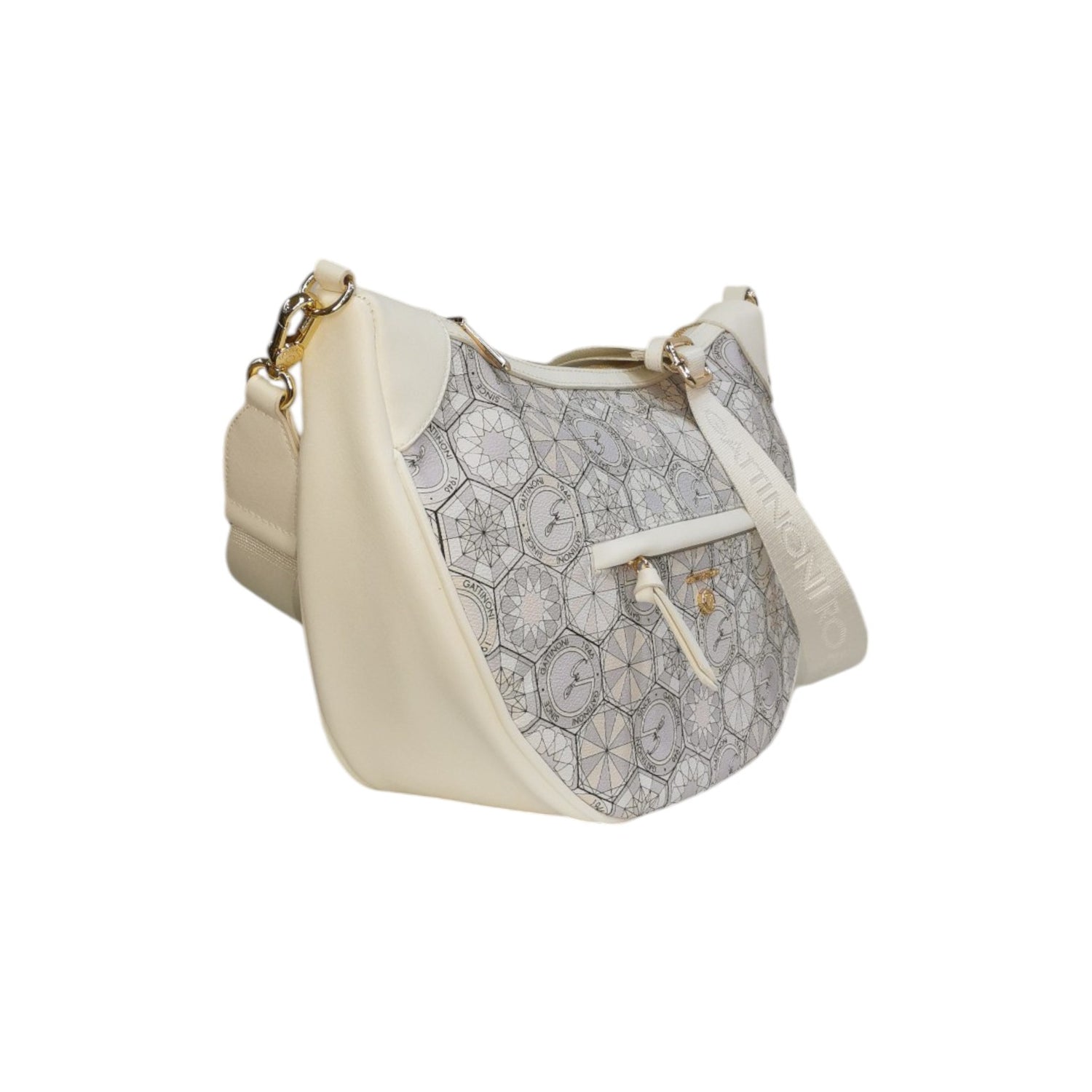 Gattinoni Roma Mezzaluna Donna in Stampa Teodosia Bianco e Tracolla in Tessuto Logato con Chiusura con Zip