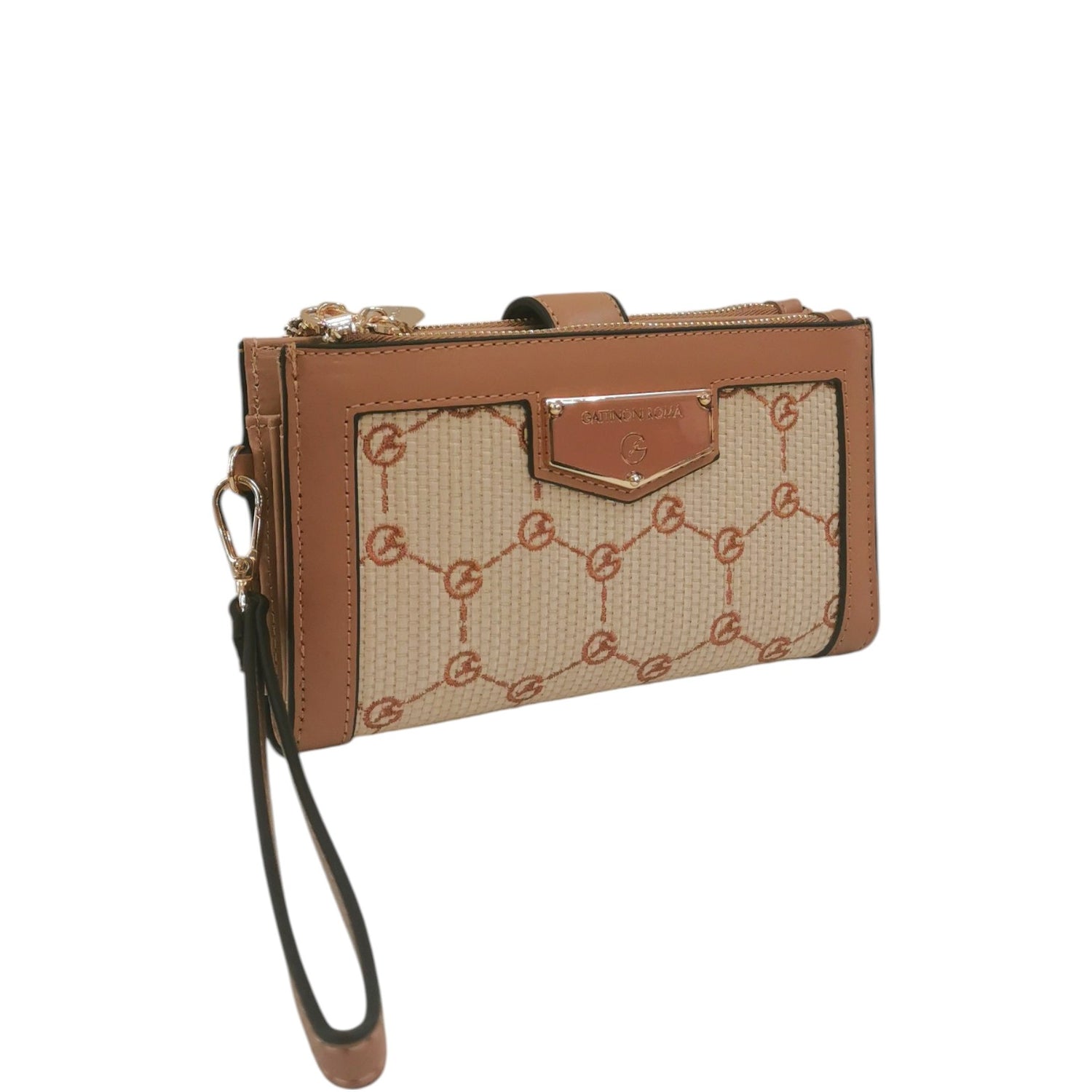 Gattinoni Roma Portafoglio Piccolo Donna in Ecopelle Cuoio e Tessuto Beige Stampa Logo con Polsiera