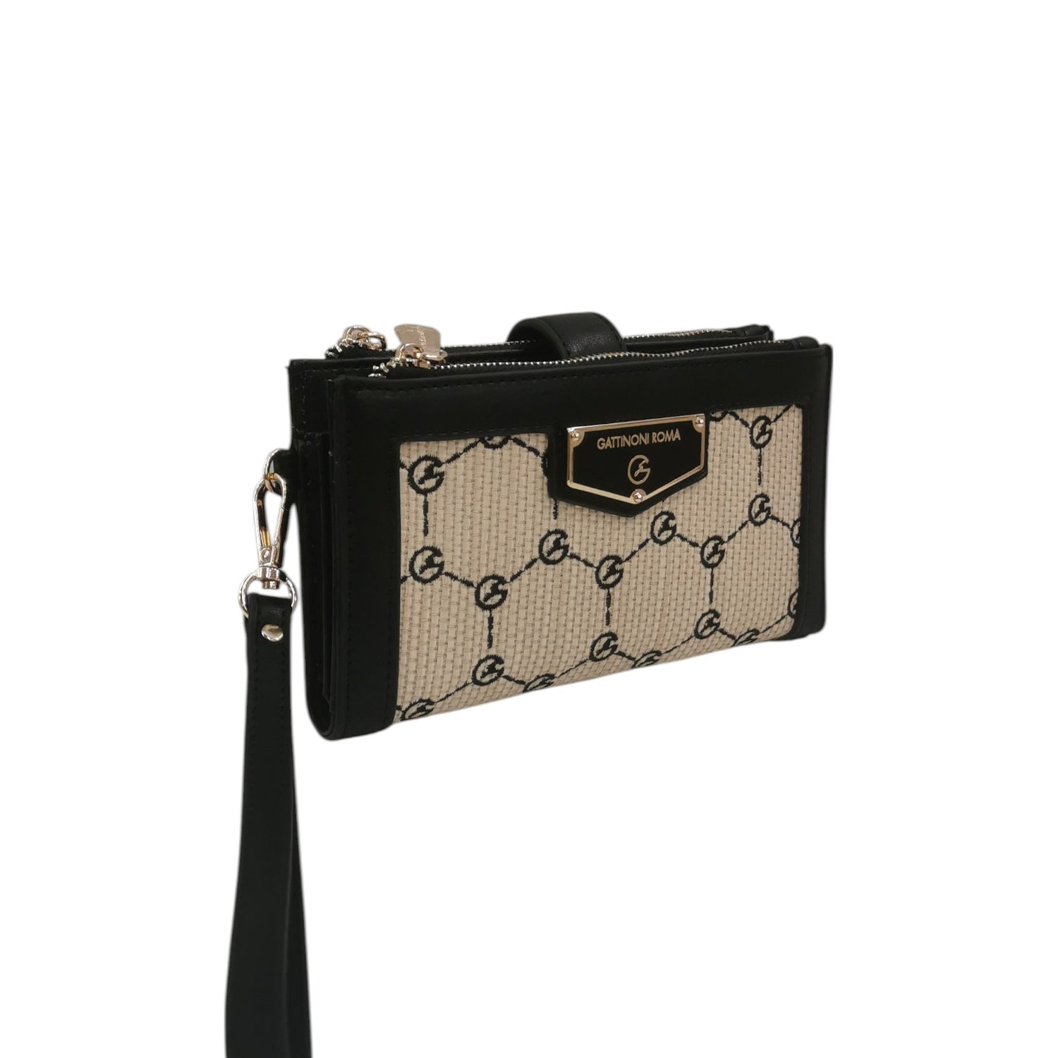 Gattinoni Roma Portafoglio Piccolo Donna in Ecopelle Nero e Tessuto Beige Stampa Logo con Polsiera