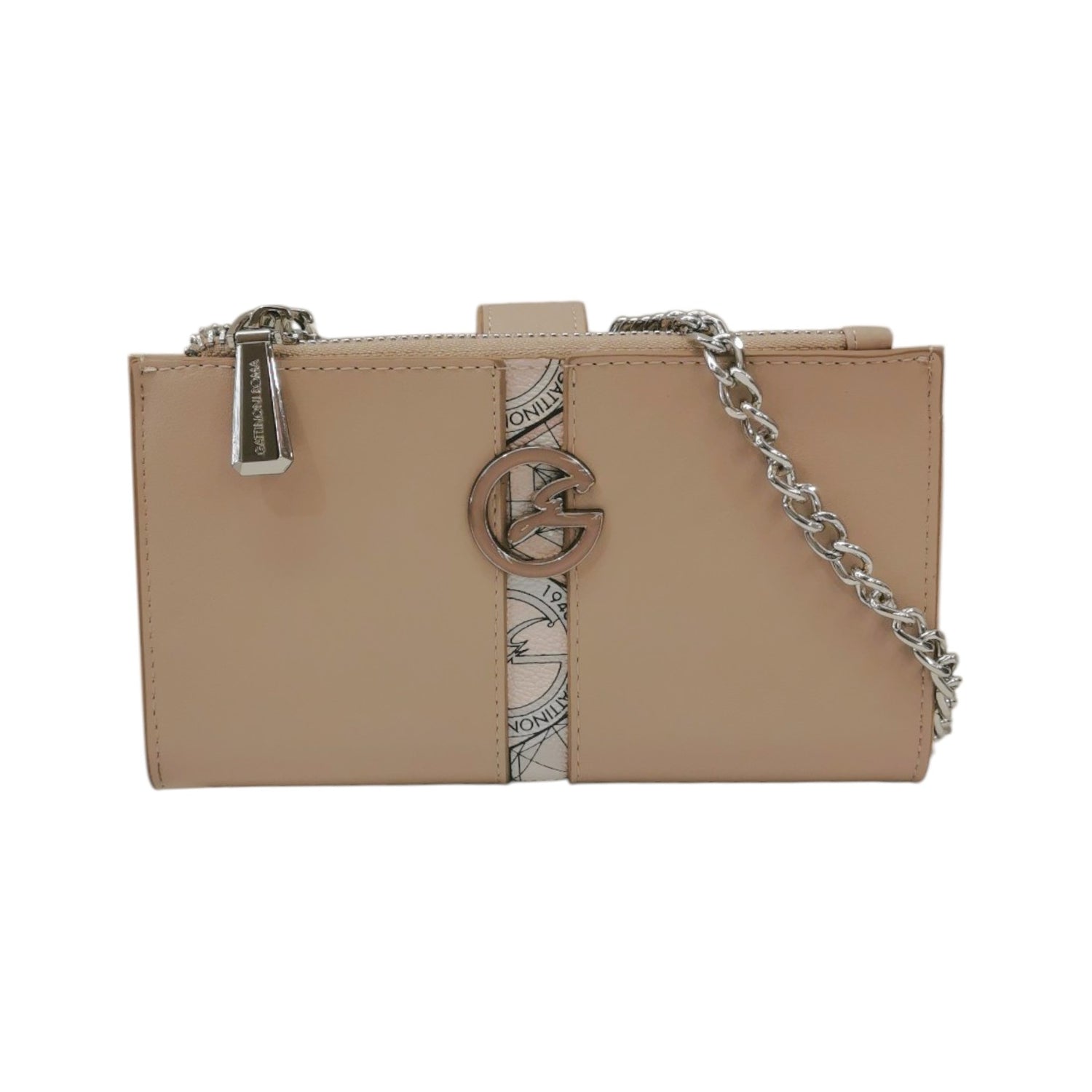 Gattinoni Roma Portafoglio Donna con Doppia Zip in Ecopelle Beige con Catena e Chiusura con Bottone