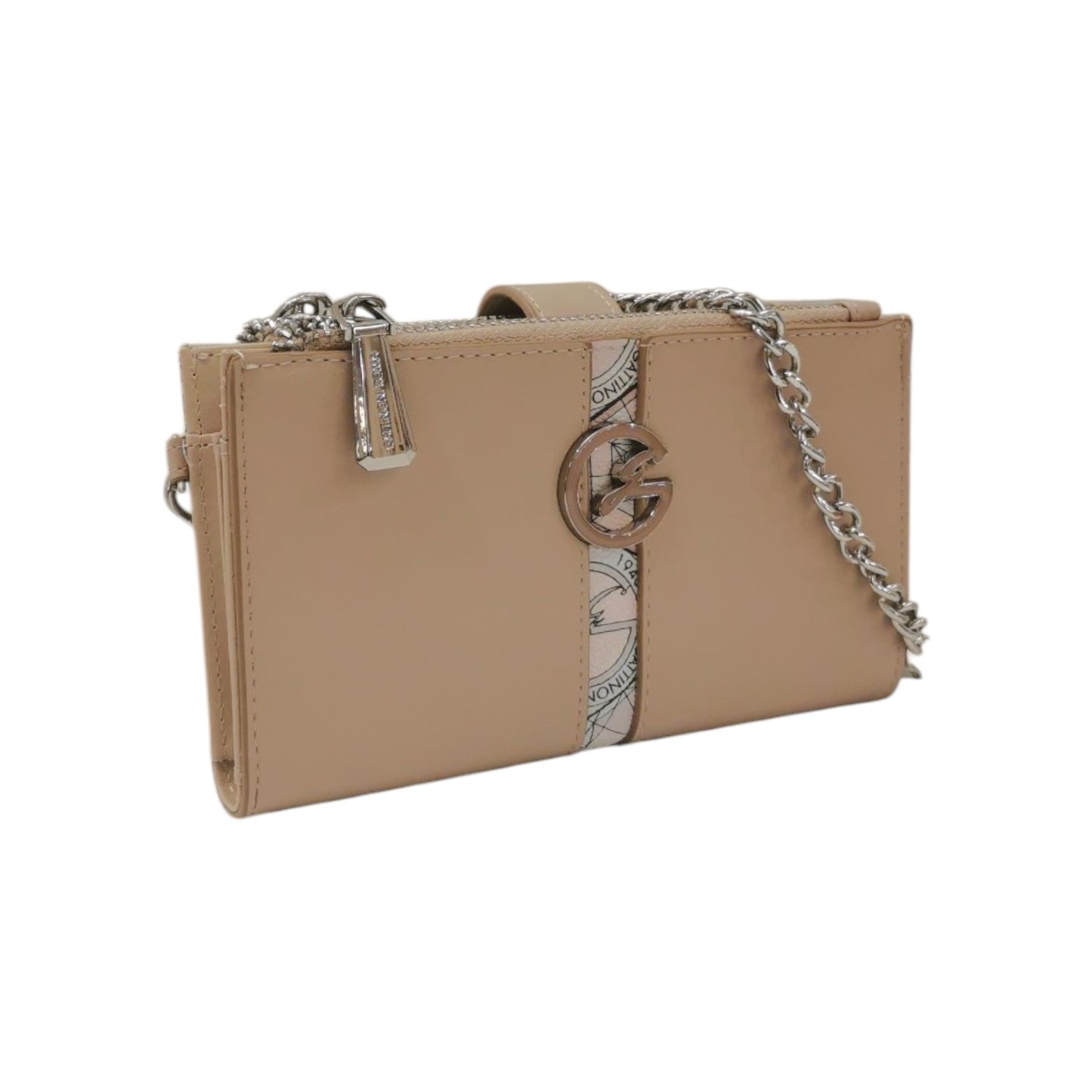 Gattinoni Roma Portafoglio Donna con Doppia Zip in Ecopelle Beige con Catena e Chiusura con Bottone