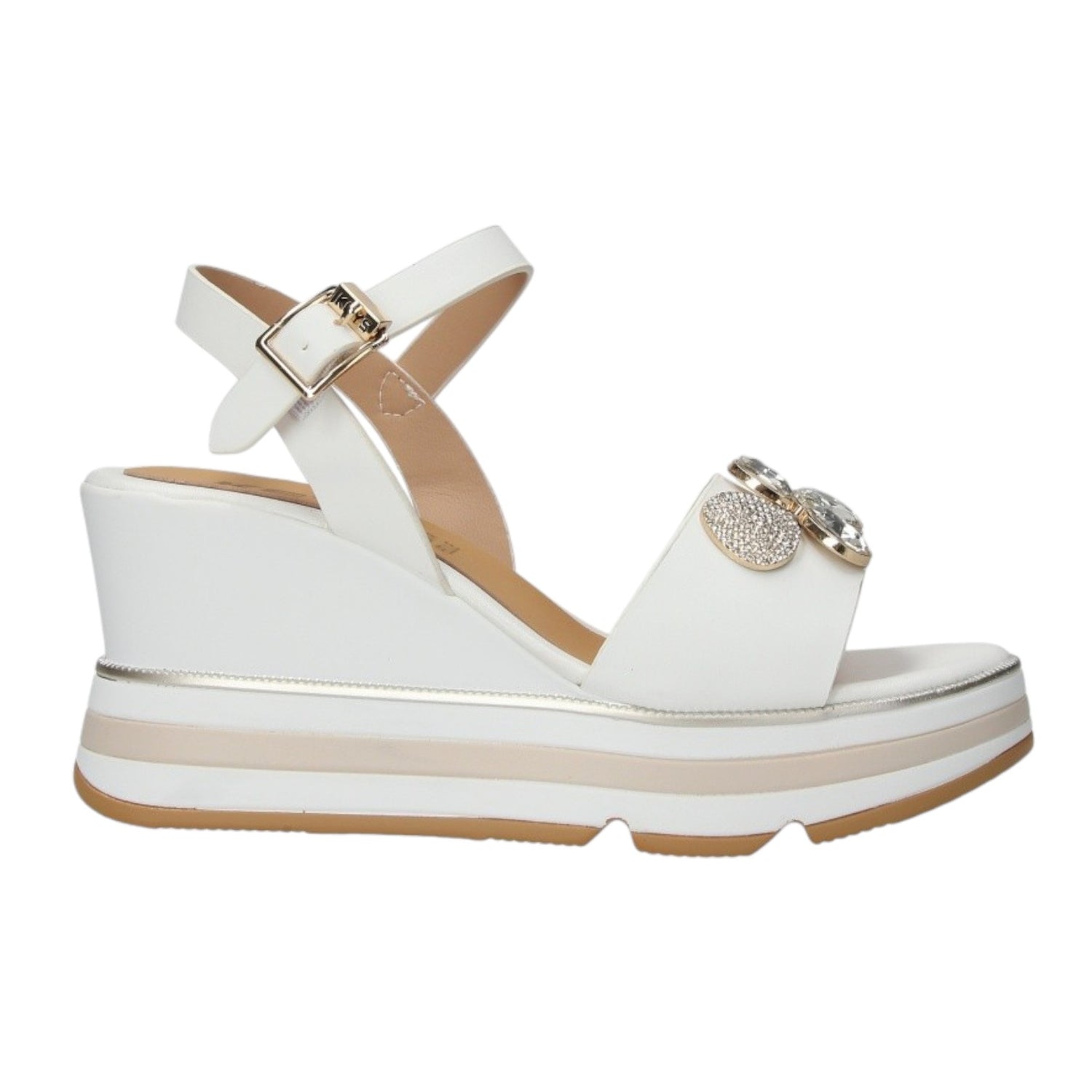 Keys Sandalo Donna in Ecopelle Bianca con Dettaglio Gioiello e Zeppa