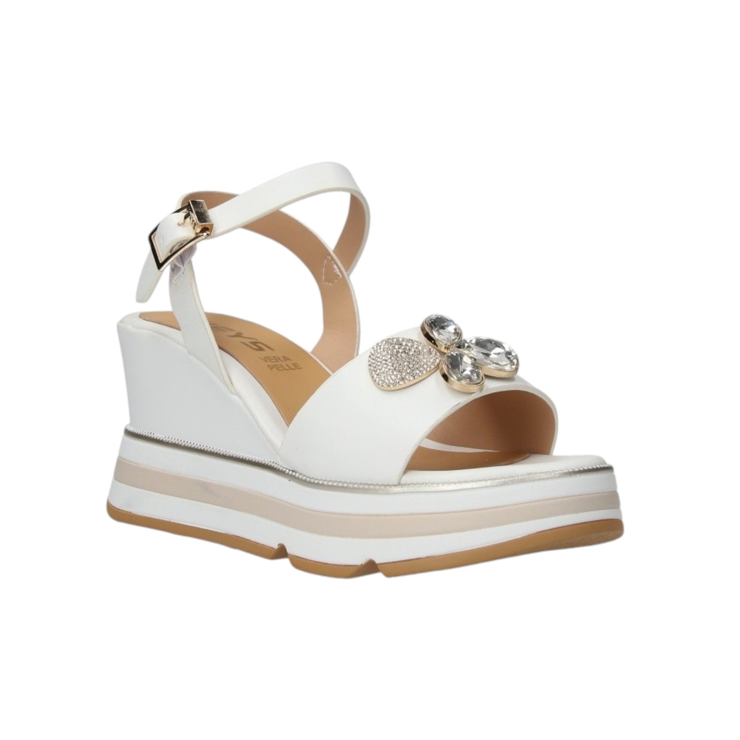Keys Sandalo Donna in Ecopelle Bianca con Dettaglio Gioiello e Zeppa